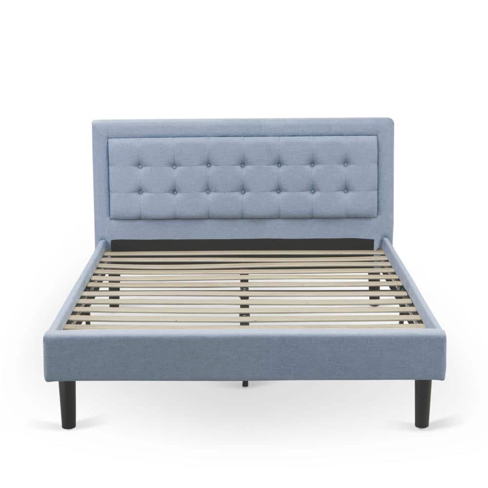 East West Furniture - FN11Q-2GO15 3-Piece Platform Bed Set with 1 Mid Century Bed and 2 Small Nightstands - Linen Fabric - Denim Blue
