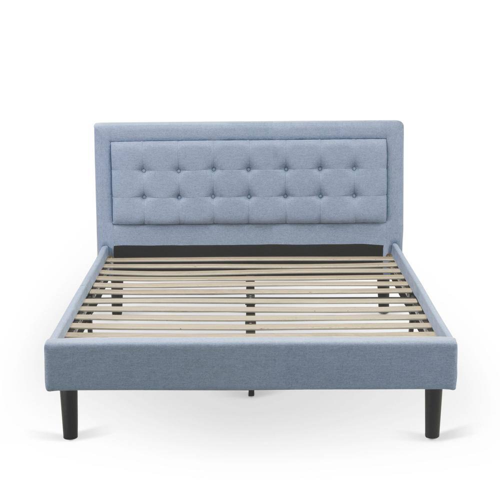 Front. East West Furniture - FN11Q-2GO15 3-Piece Platform Bed Set with 1 Mid Century Bed and 2 Small Nightstands - Denim Blue Linen Fabric - Denim Blue.