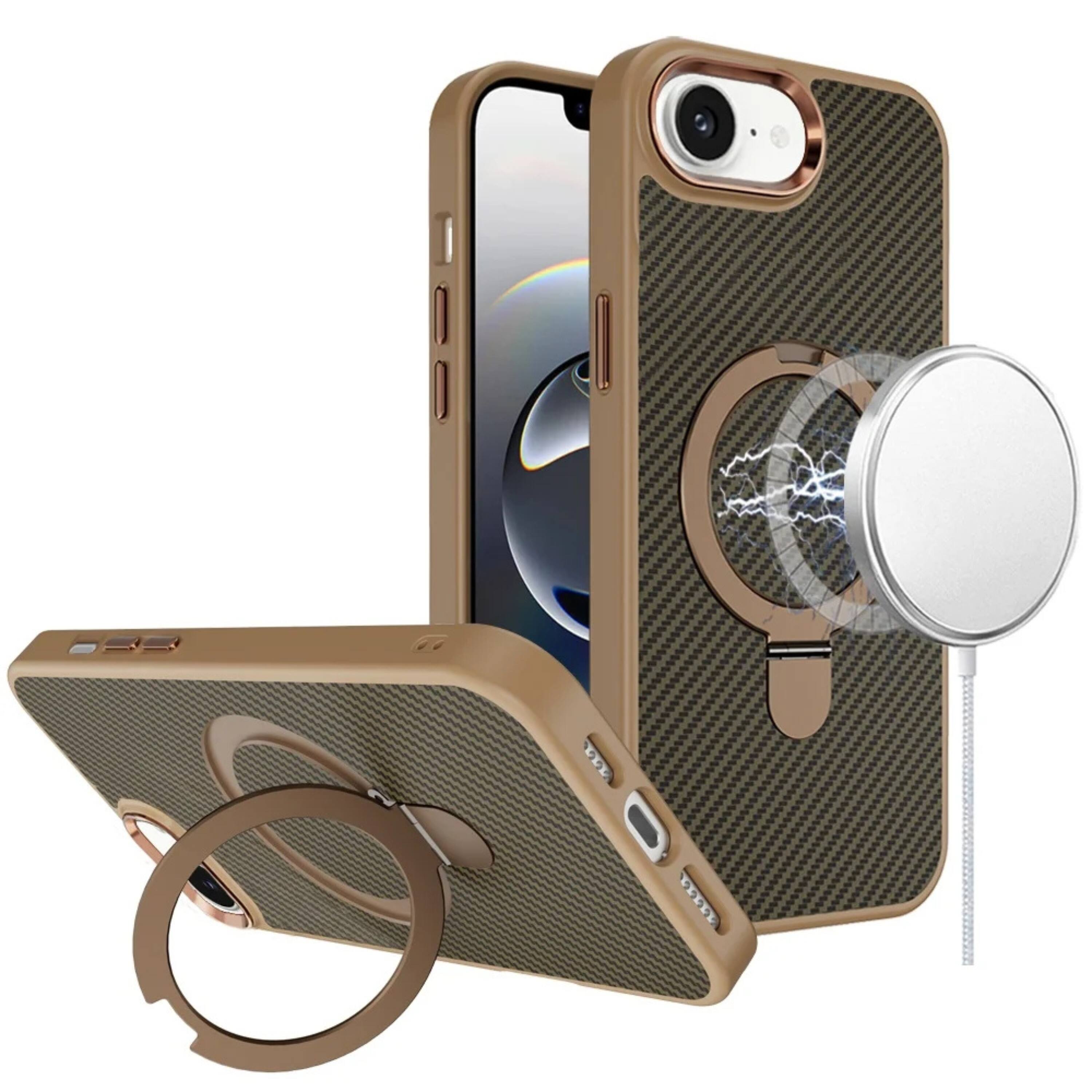 Front. Kitcheniva - Carbon Fiber Print Metal Ring Stand Rugged Phone Case With Tempered Glass For iPhone 16e 17e Brown - Brown.