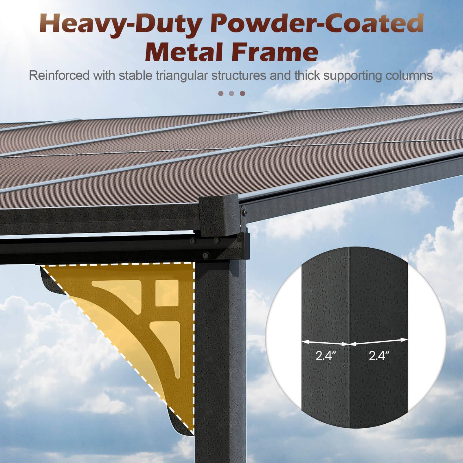 Heavy-Duty Powder-Coated Metal Frame  
Reinforced with stable triangular structures and thick supporting columns  
2.4" x 2.4"