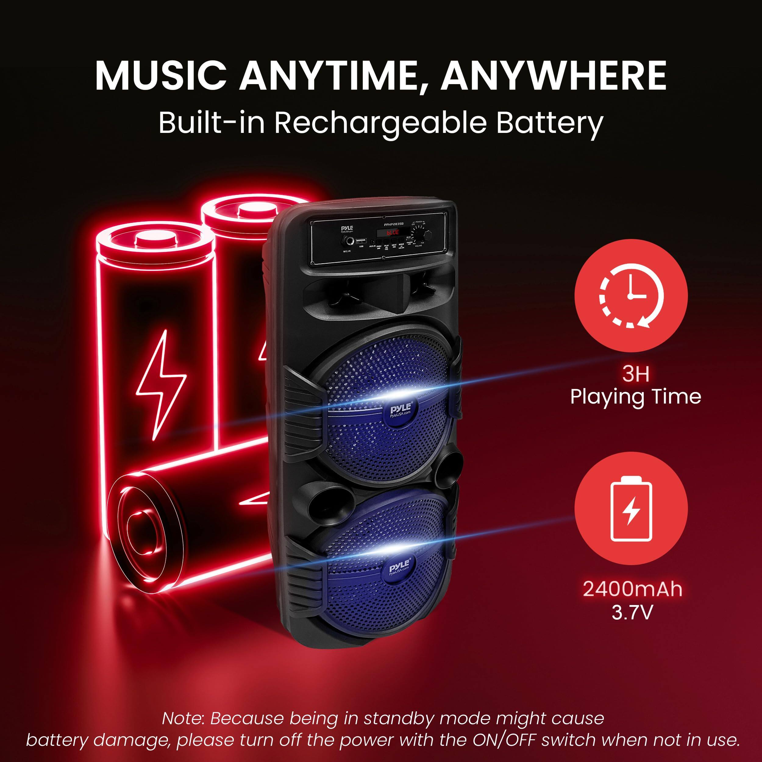 MUSIC ANYTIME, ANYWHERE  
Built-in Rechargeable Battery  

- Playing Time: 3H  
- Battery: 2400mAh 3.7V  

Note: Because being in standby mode might cause battery damage, please turn off the power with the ON/OFF switch when not in use.
