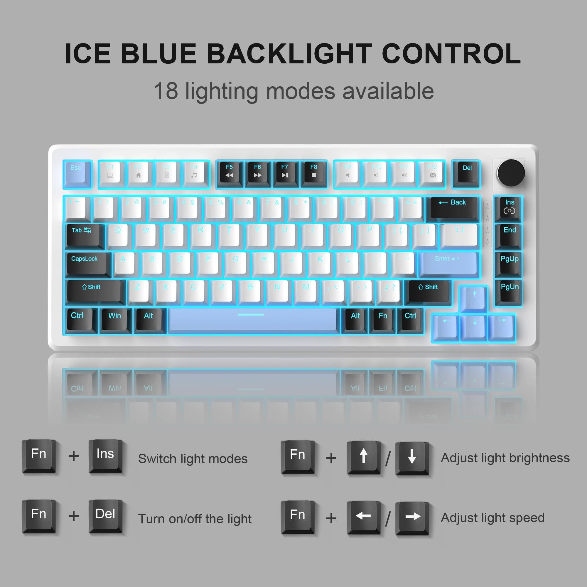 ICE BLUE BACKLIGHT CONTROL  
18 lighting modes available  

F1 2  D F4  F5 44 F6  F7 H FB .   F10 < 11  . F12 Del - 2 . a S . % . A 7 & . e 0 I . Back ins Tab i Q W E R 1 Y U I . P I  3 2 End CapsLock A S . F G H J K I . . Entor - PgUp Shift Z X C V B N M  > /? o Shitt  PgUn Ctrl Win Alt Alt Fn Ctrl  

CIN MM Y N EU CI te  

Fn + Ins Switch light modes  
Fn + / Adjust light brightness  
Fn + Del Turn on/off the light  
Fn + / Adjust light speed