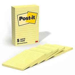 Post-it - Notes, 4" x 6", Canary Collection, Lined, 100 Sheet/Pad, 5 Pads/Pack - Yellow