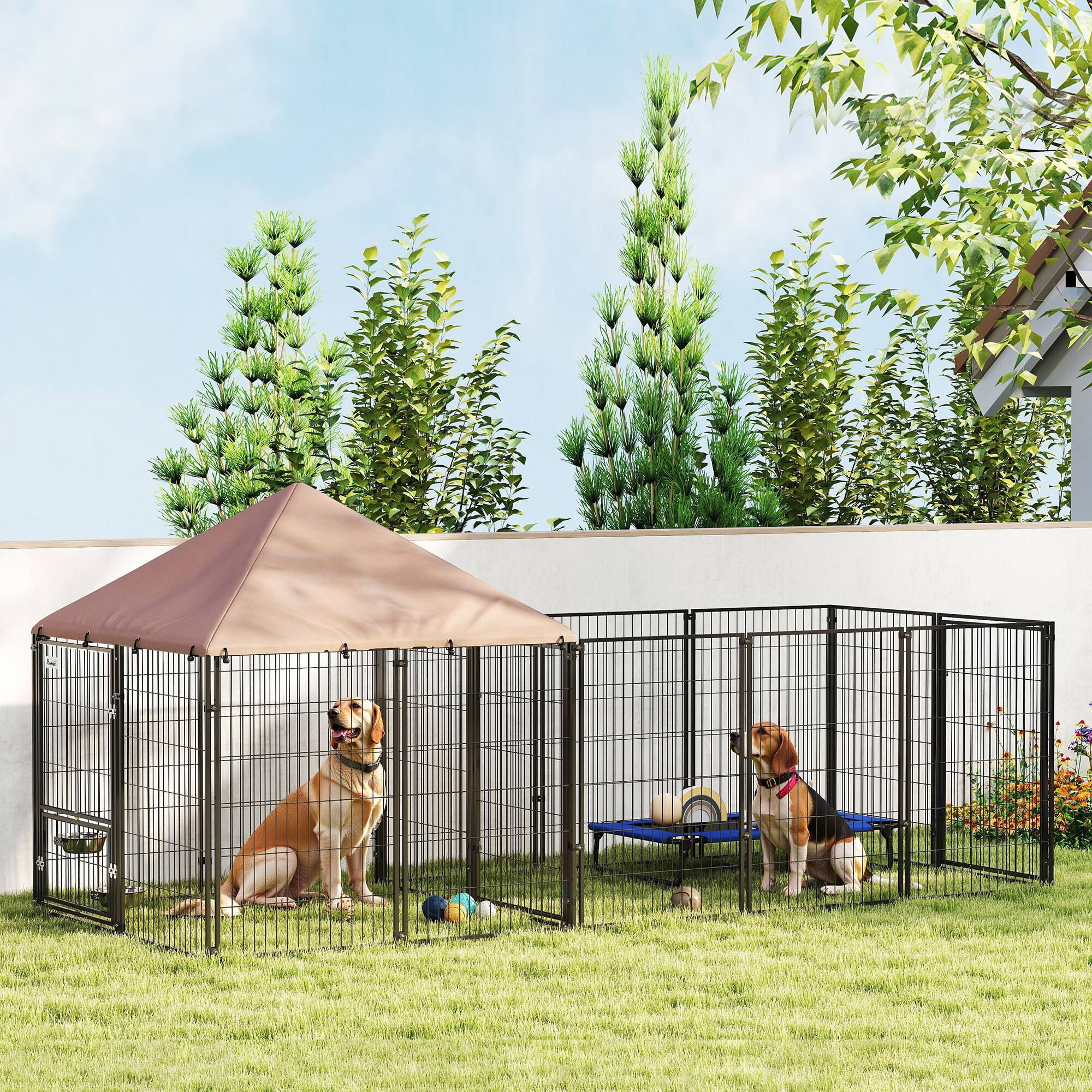 Alt View 1. Pawhut - Outdoor Dog Kennel with Rotating & Adjustable Height Bowls, Waterproof & UV-Resistant Canopy - Coffee.