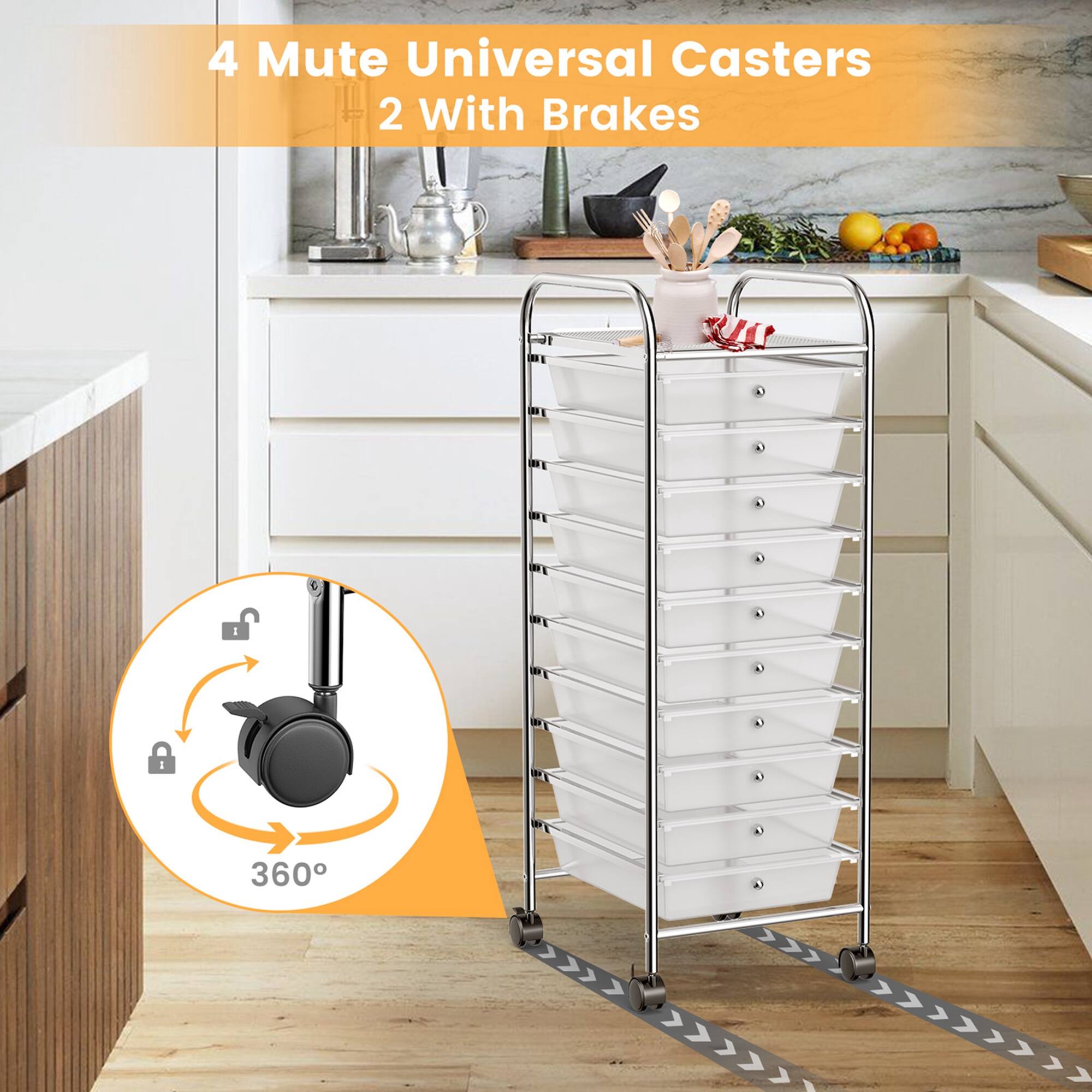 The text on the image reads: "4 Mute Universal Casters 2 With Brakes 360".