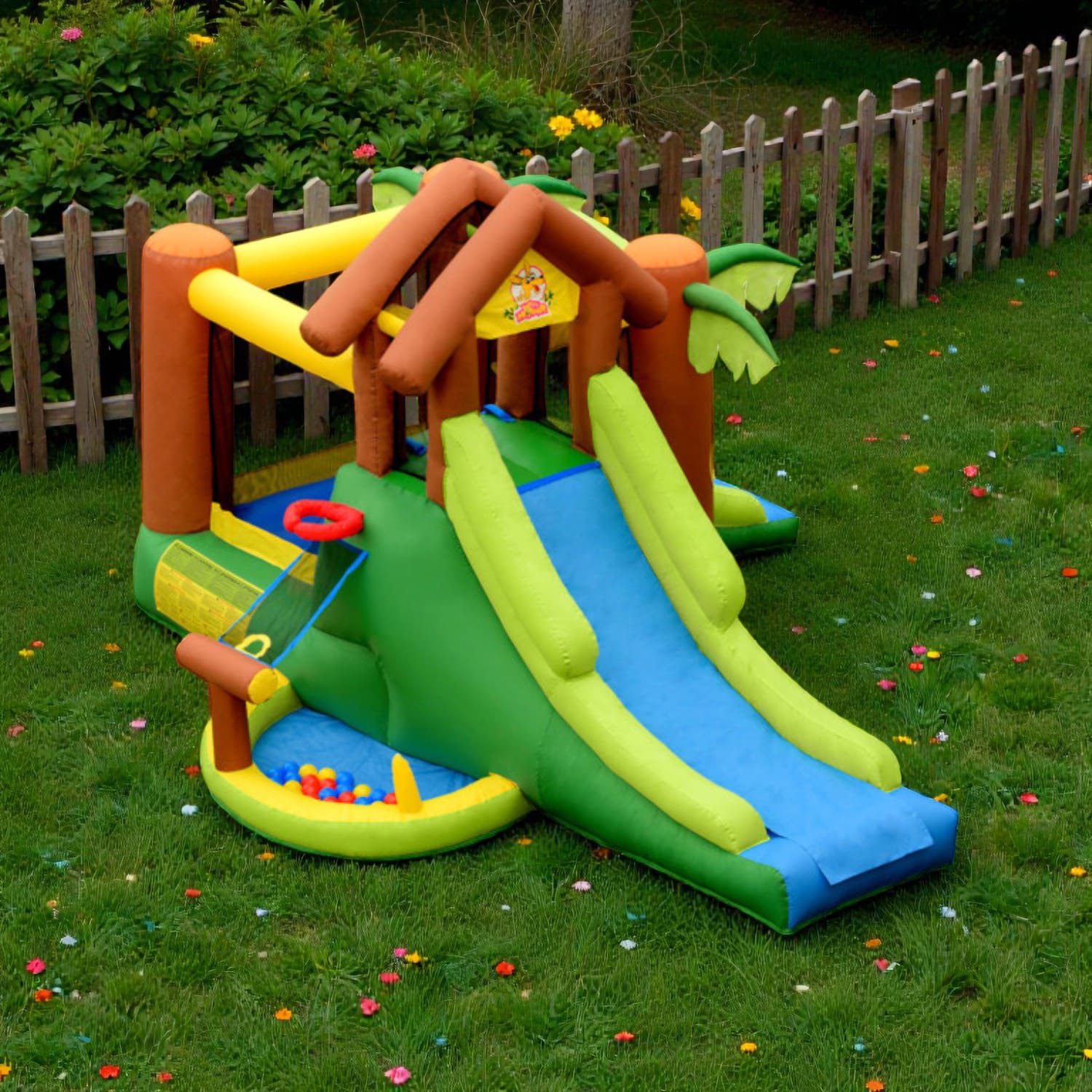 BreeBe - Jungle Adventure Kids Inflatable Bouncy Castle with Powerful 735W Blower - Multicolor