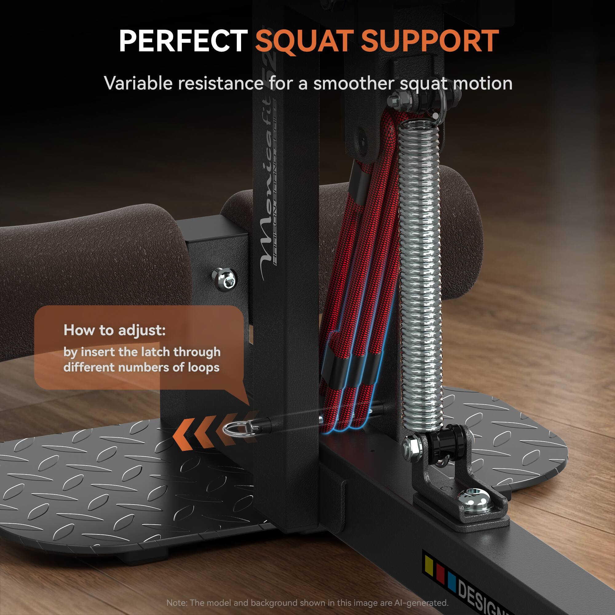 PERFECT SQUAT SUPPORT  
Variable resistance for a smoother squat motion  

Fit Monicafit  
FACONDERIAS.COM  

How to adjust:  
by insert the latch through different numbers of loops  

Note: The model and background shown in this image are AI-generated.
