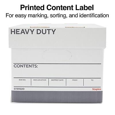 Printed Content Label  
For easy marking, sorting, and identification  

HEAVY DUTY  

CONTENTS:  
BOX NO. | BOX LOCATION | DESTROY DATE | FROM | TO  
ST59220  

Staples