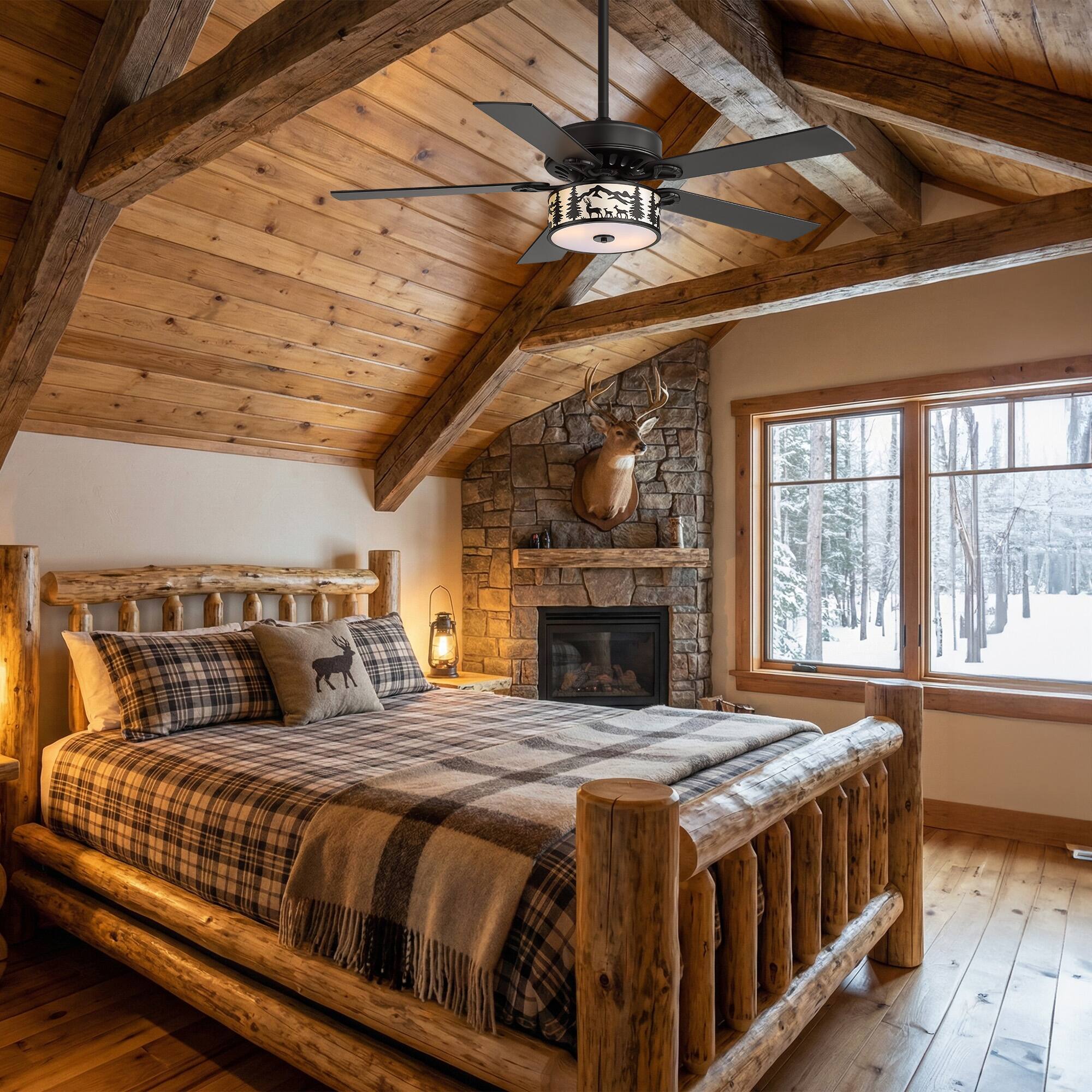 Alt View 1. Breezary - 52-Inch Ceiling Fan with Scenic Light Shade, 5 Blades, DC Motor, Remote Control, 6 Speeds, 5"&10"Downrod Mount - 52-inch Matte Black & Wood Grain.