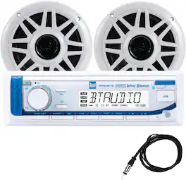 Dual - MXP152W Single DIN Marine Radio | AM/FM | Bluetooth | USB 2.1A | Includes 6.5" Speakers | Antenna - White