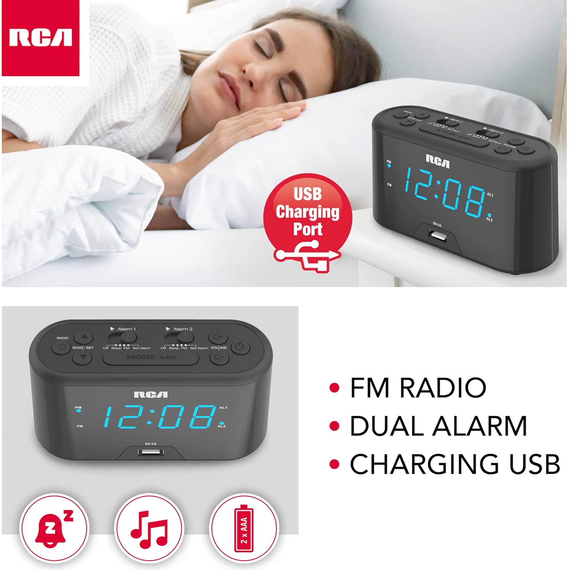 RCA
- SPONGE Smart Screen RCA Charging Port USB 12:08
- ALS ALL
- Alarm
- Alarm 2
- RACHO
- SCAN SET
- Deep PM
- Alamy
- ce Boop PM
- Alamy VOLJUME
- SNOOZE SLEEP
- RCA PM AL1 PM 12:08 AL2
- FM RADIO DUAL ALARM CHARGING USB
- AAA x 2