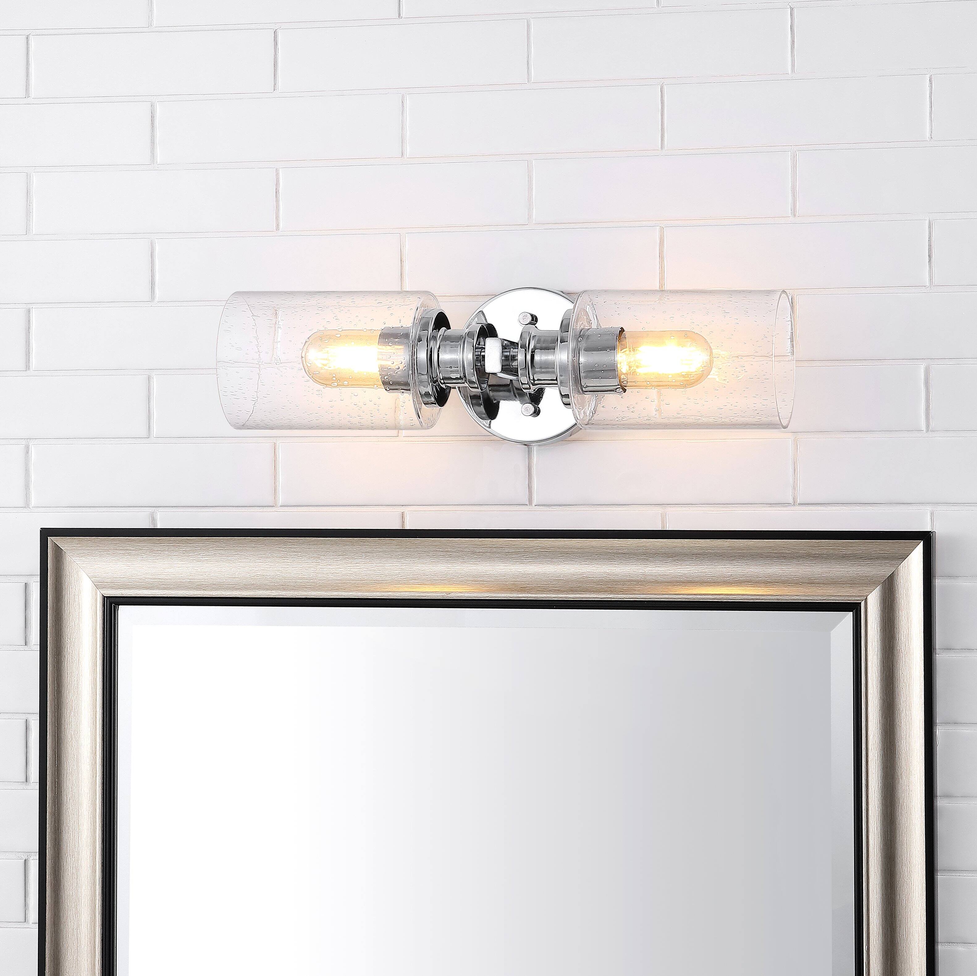 Alt View 1. Jonathan Y - Jules Edison 16.5" Cylinder 2-Light Iron/Seeded Glass Farmhouse Contemporary LED Wall Sconce, Chrome - Chrome.