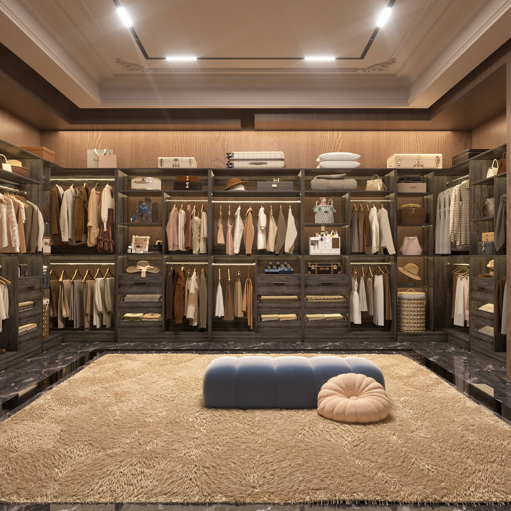 Back. Aheaplus - 6-9 FT L-Shaped Walk-In Closet with 6 Drawers, 6 Hanging Rods & Open Shelves, Heavy Duty Bedroom Wardrobe - Gray Oak.