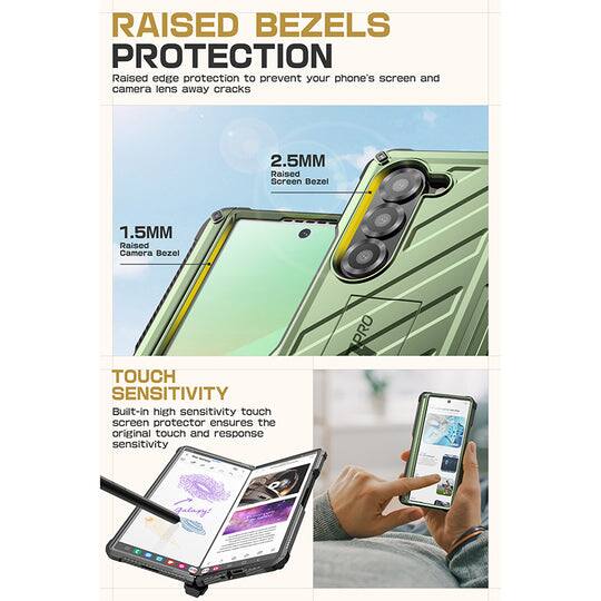 **RAISED BEZELS PROTECTION**  
Raised edge protection to prevent your phone's screen and camera lens from cracks.  

- **2.5MM Raised Screen Bezel**  
- **1.5MM Raised Camera Bezel**  

**TOUCH SENSITIVITY**  
Built-in high sensitivity touch screen protector ensures the original touch and response sensitivity.