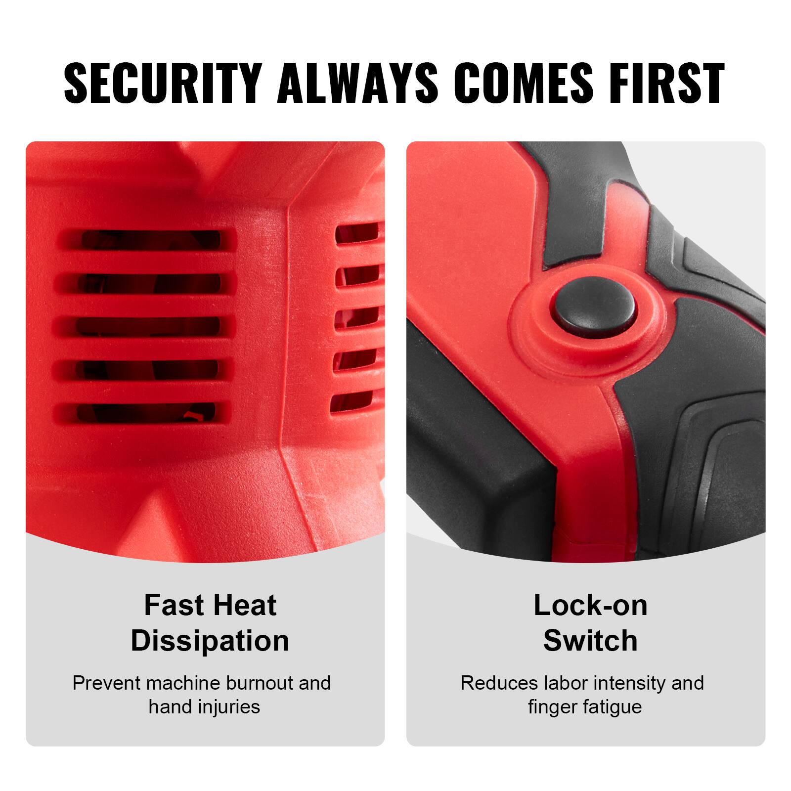 SECURITY ALWAYS COMES FIRST

Fast Heat Dissipation
Prevent machine burnout and hand injuries

Lock-on Switch
Reduces labor intensity and finger fatigue
