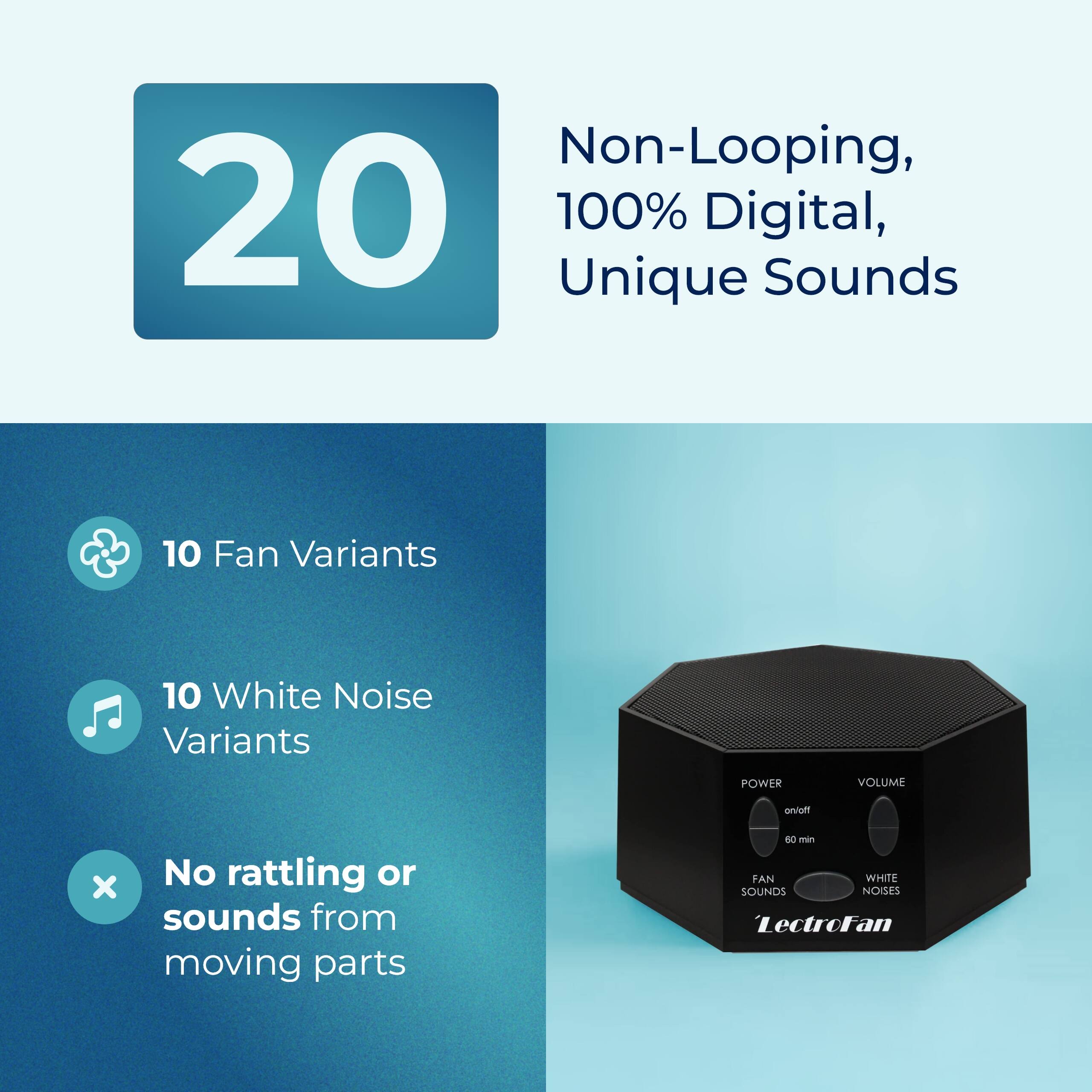 Non-Looping, 100% Digital, Unique Sounds

10 Fan Variants

10 White Noise Variants

No rattling or sounds from moving parts

POWER VOLUME

FAN SOUNDS WHITE NOISES

LectroFan