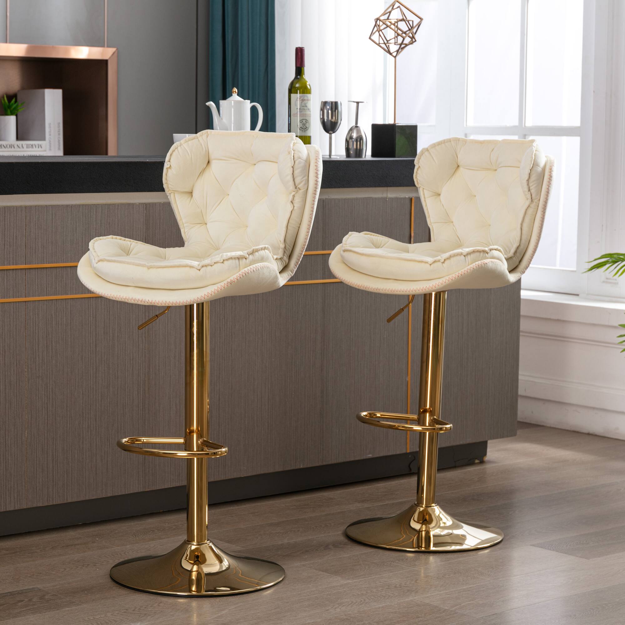 Alt View 5. GOODSILO - Set of 2 Adjustable Swivel Bar Stools with Chrome Footrest and Velvet Upholstery - Cream.