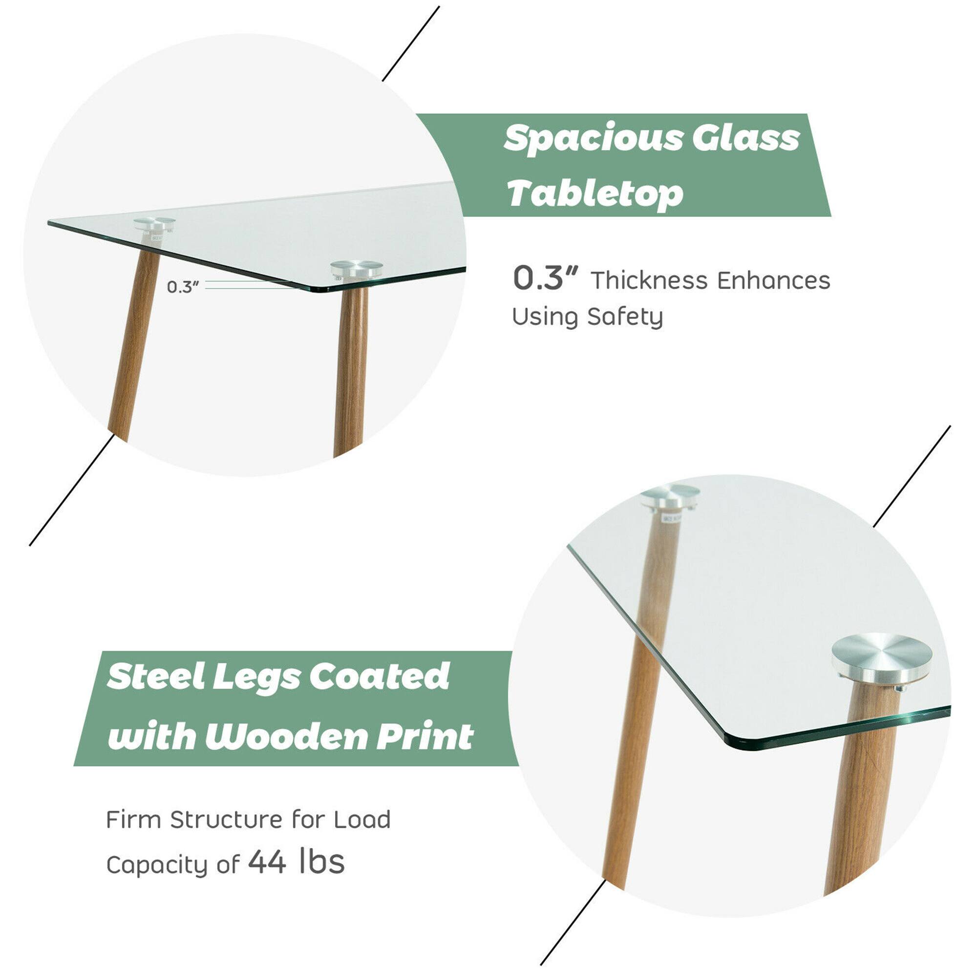 The text on the image is grouped and corrected as follows:

1. Spacious Glass Tabletop: 0.3" Thickness Enhances Using Safety Steel Legs Coated with Wooden Print Firm Structure for Load Capacity of 44 lbs.