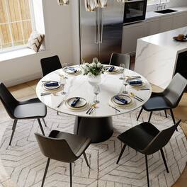 POVISON - 59" Modern Round White Dining Table for 6, Glossy Sintered Stone Tabletop, Solid Black Carbon Steel Pedestal Base - Glossy White Sintered Stone & Black Steel Base