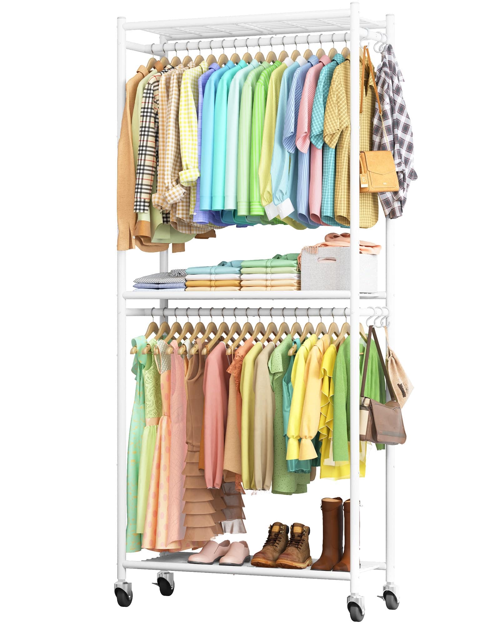 Refined Abode Design - Clothes Rack - 33.0" X 12.2" 79.5" Clothing With Shelves & Wheels Multi-functional Wardrobe Closet Hooks St - White Large