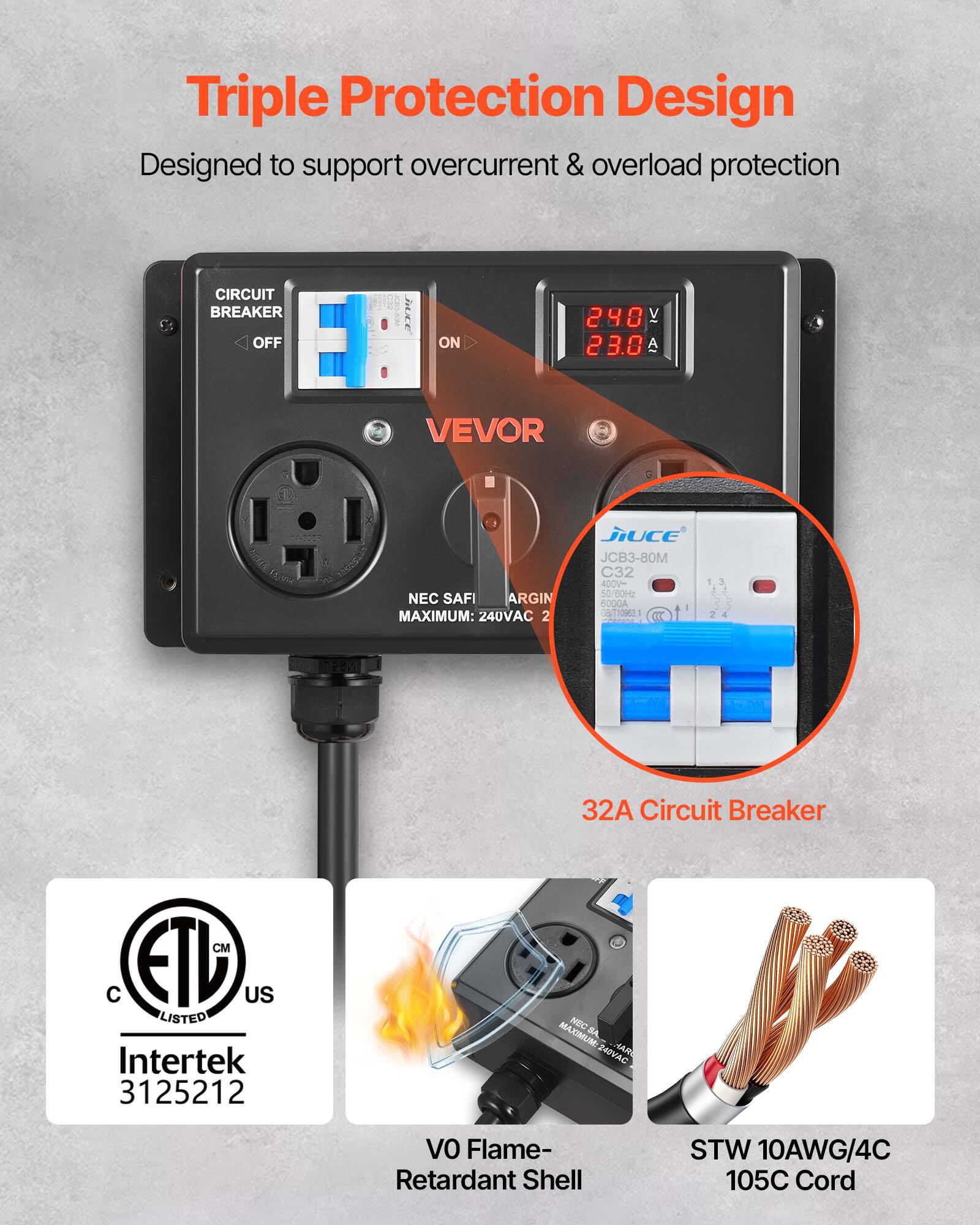 Triple Protection Design  
Designed to support overcurrent & overload protection

CIRCUIT BREAKER  
OFF  
ON

240V 23.0A

VEVOR

NEC SAFI  
ARGIN  
MAXIMUM: 240VAC

Jiuce JCB3-80M  
C32  
400V- 50/60Hz 6000A  
GB/T10963.1

32A Circuit Breaker

CM C FIL US LISTED  
Intertek 3125212

NBC MAXIMUM: BA 240VAC HAR

VO Flame- Retardant Shell

STW 10AWG/4C 105C Cord