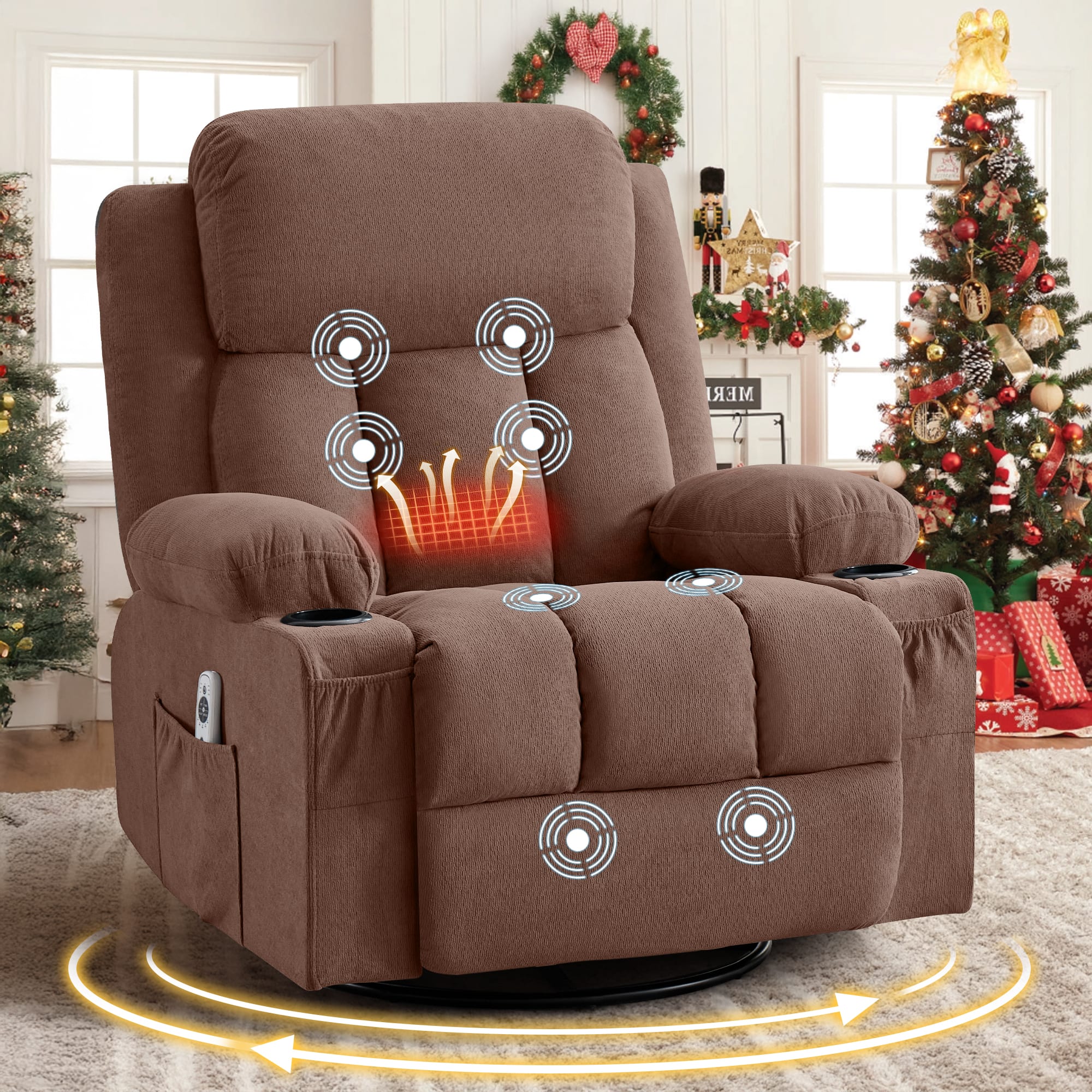 Anysun - Swivel Rocker Recliner with Heat & Massage - Side Pocket, USB Port & 2 Cup Holders for Living Room - Brown