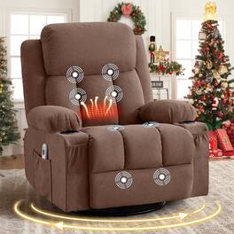 Anysun - Swivel Rocker Recliner with Heat & Massage - Side Pocket, USB Port & 2 Cup Holders for Living Room - Brown