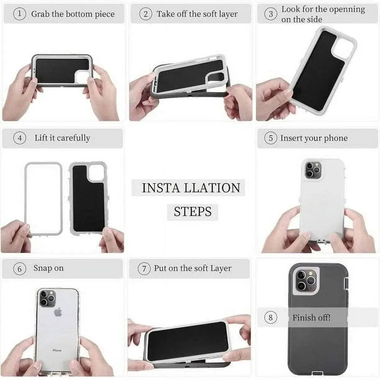 1. Grab the bottom piece
2. Take off the soft layer
3. Look for the opening on the side
4. Lift it carefully
5. Insert your phone
6. Snap on
7. Put on the soft layer
8. Finish off!
