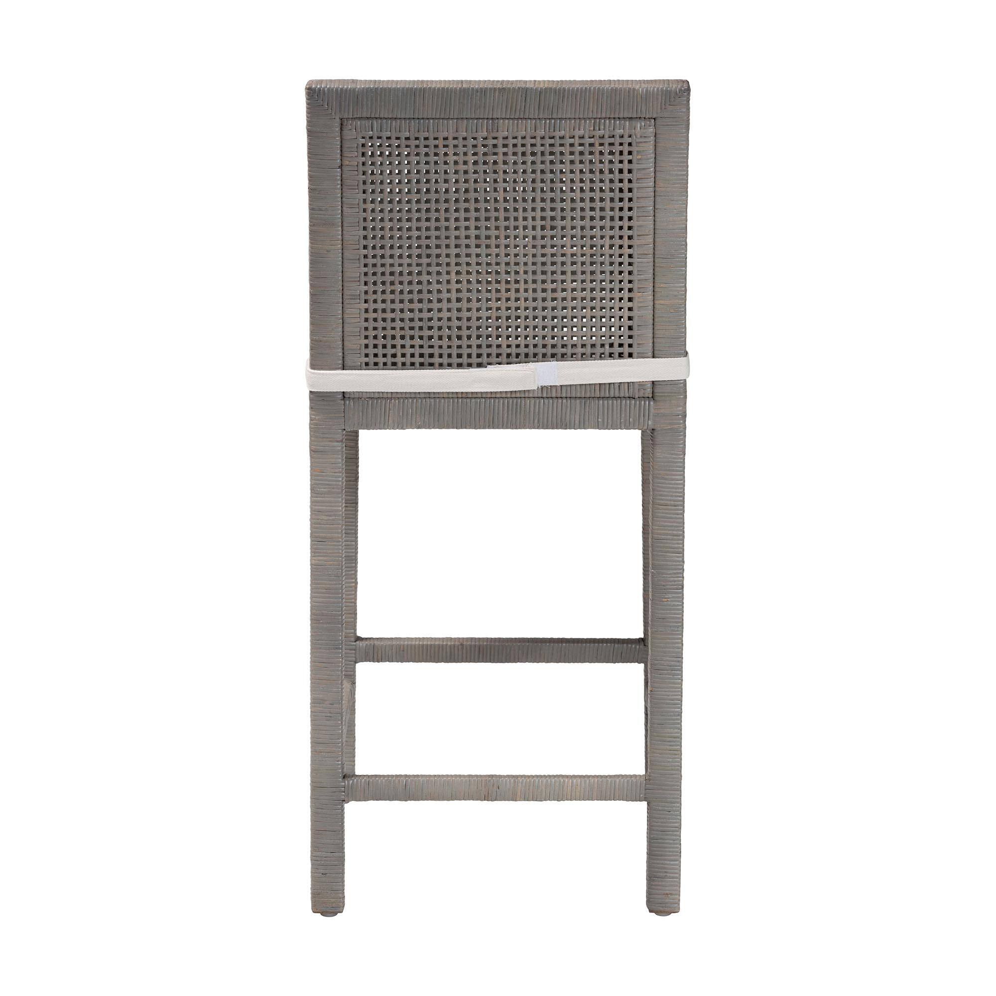 Back. bali & pari - Sofia Rattan Counter Stool with Mahogany Wood Frame - Handwoven Wicker Counter Height Chair with Cushion - French Grey.