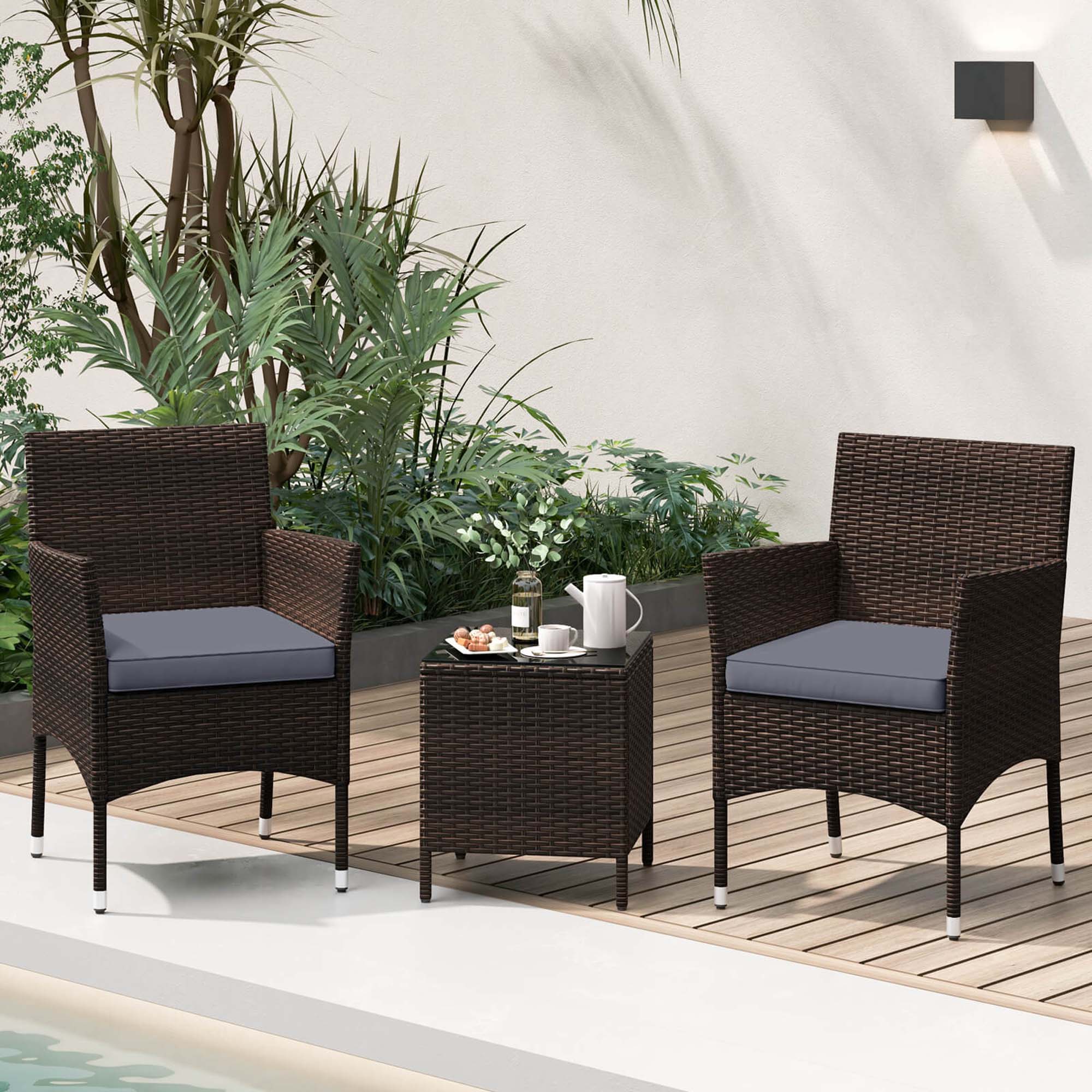 Alt View 4. Costway - 3 PCS Outdoor Conversation Set with Cushioned Seat & Tempered Glass Tabletop - Gray,Mix Brown.