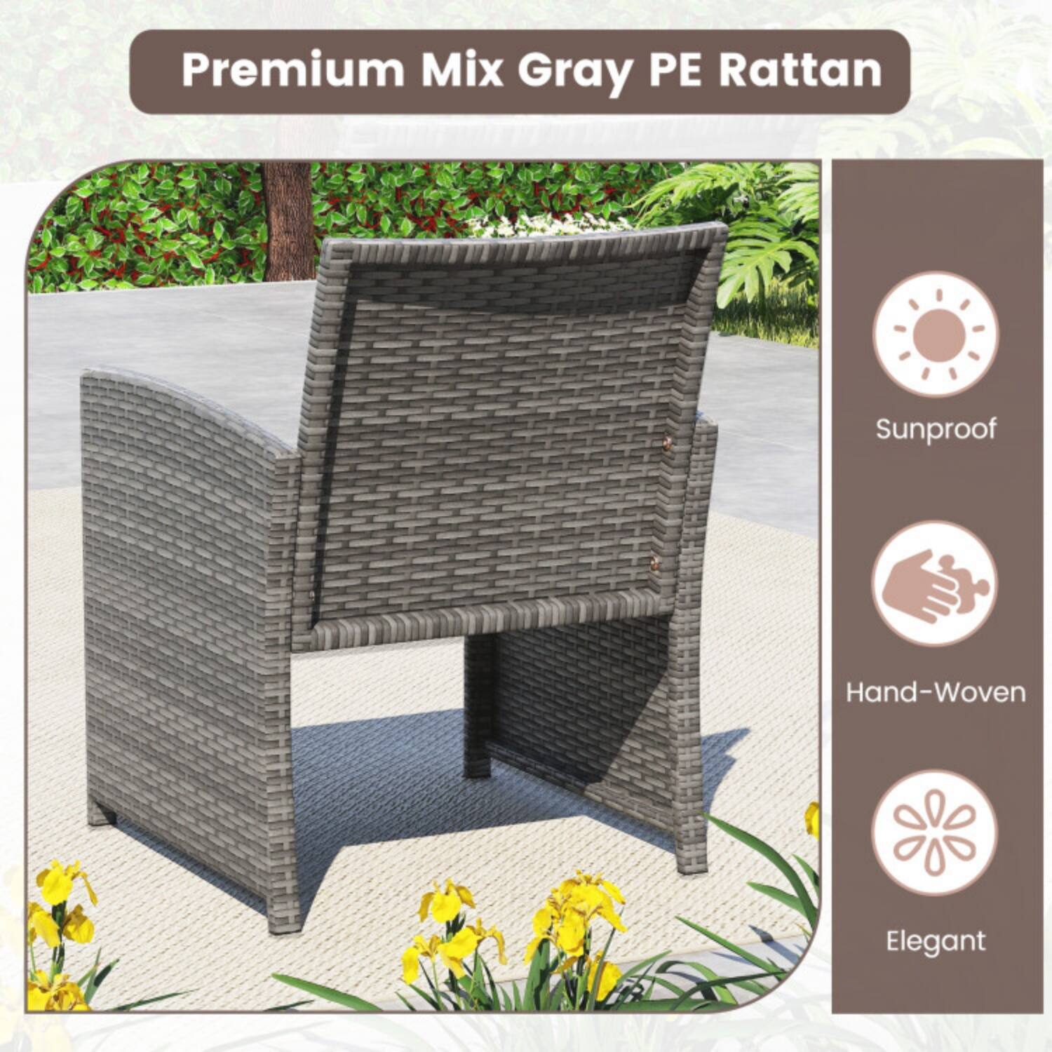 Premium Mix Gray PE Rattan  
Sunproof  
Hand-Woven  
Elegant