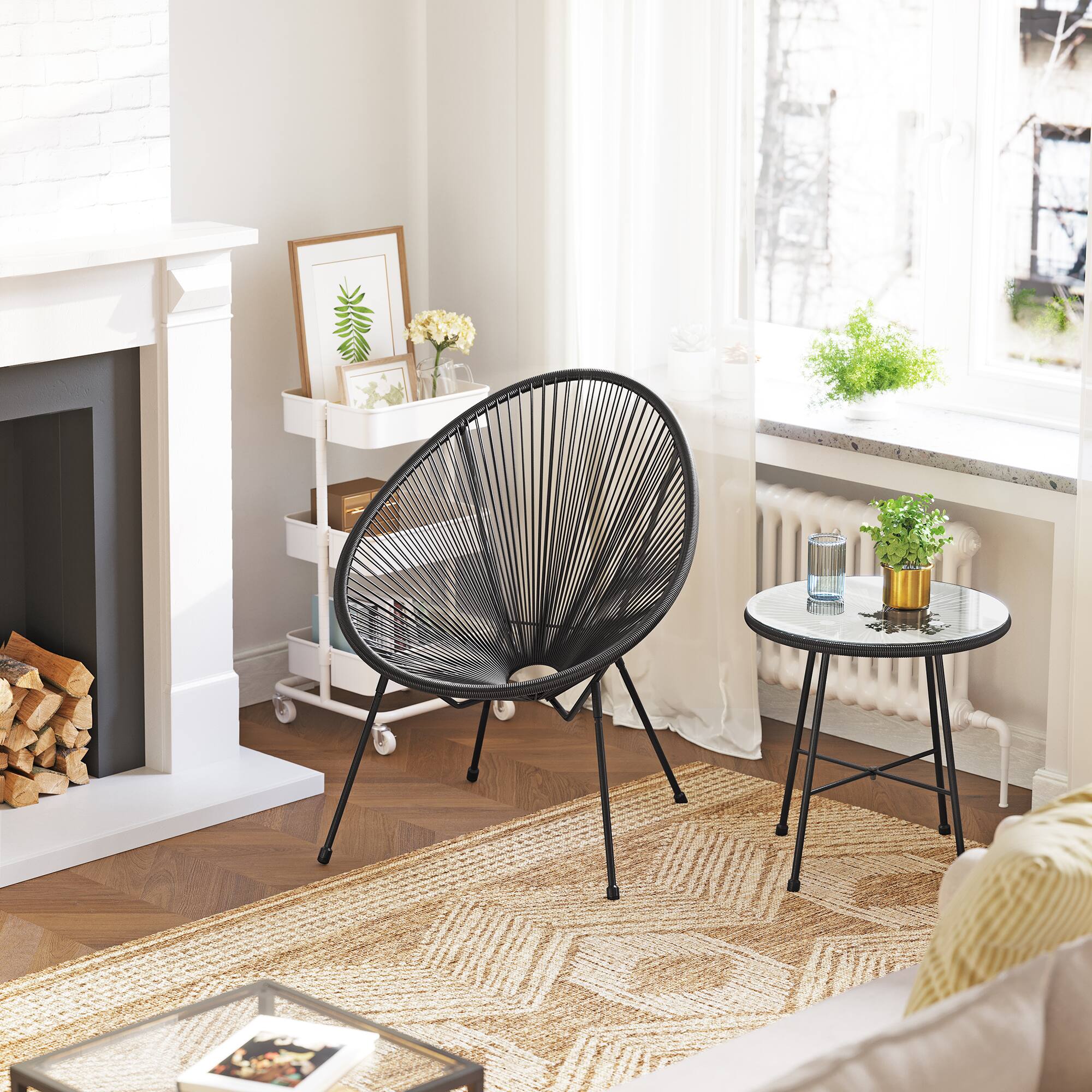 Left. Songmics Home - 3-Piece Outdoor Seating Acapulco Chair, Modern Patio Furniture Set, Glass Top Table and 2 Chairs - Ink Black.