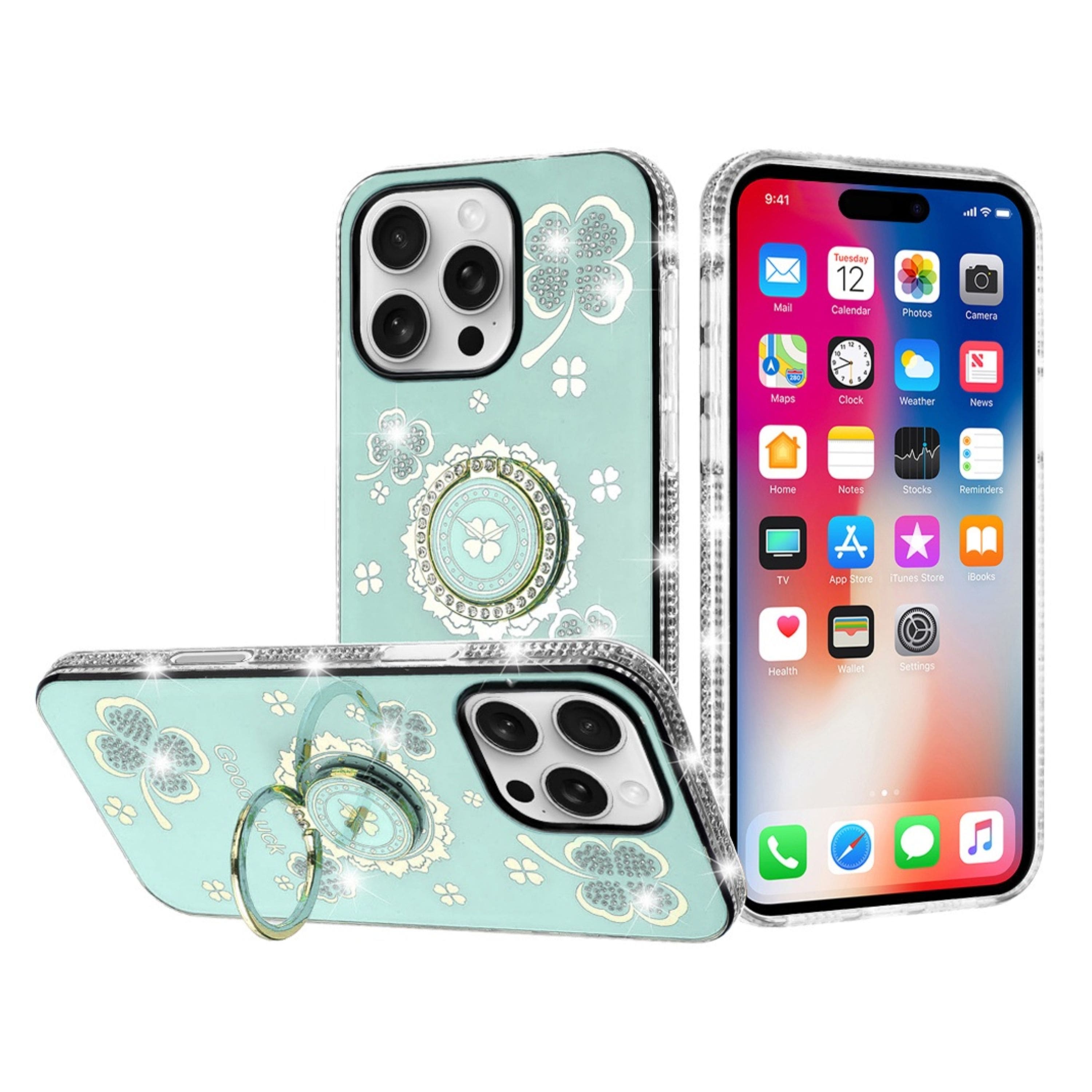 Kitcheniva - Crystal Studded Ring Stand Phone Case With Tempered Glass For iPhone 16 Pro - Teal price history on PriceWatchPro