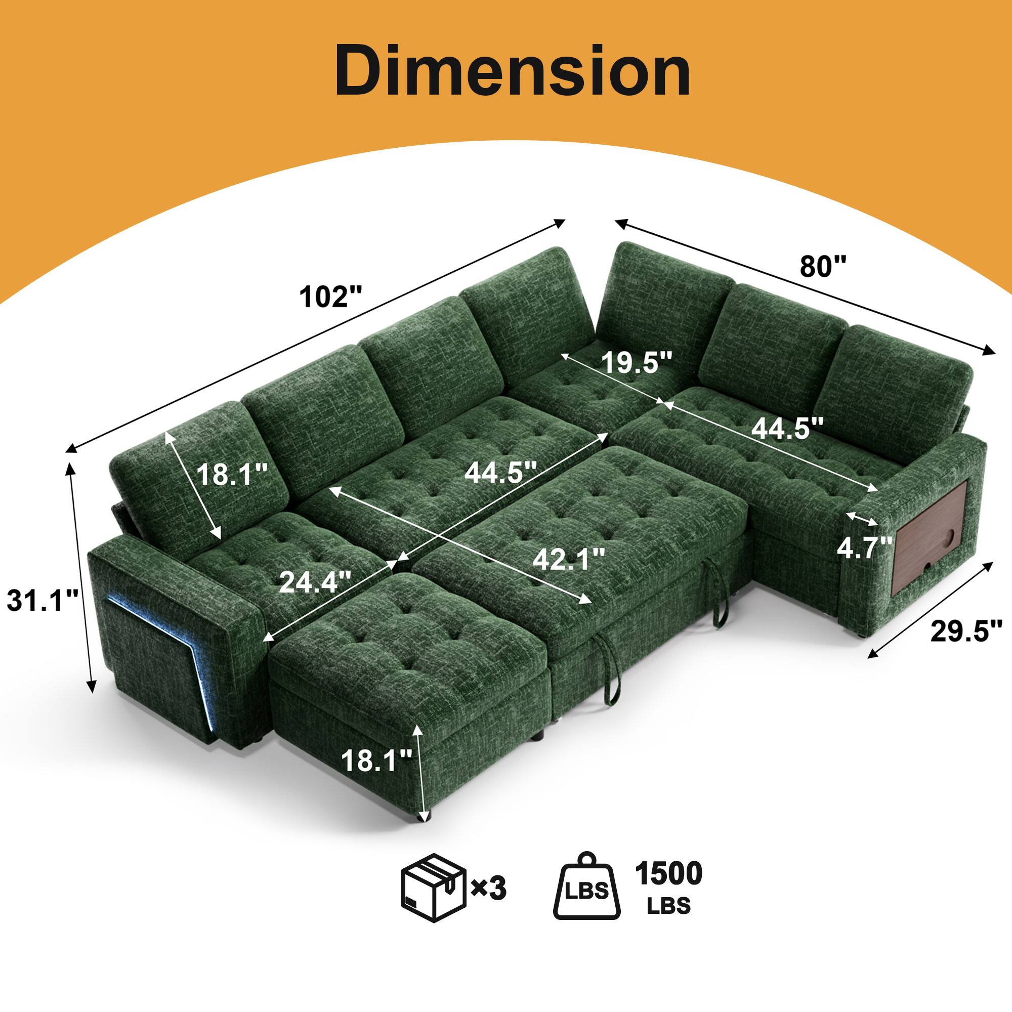 Dimension  
102" x 80" x 19.5" x 18.1" x 44.5" x 44.5" x 31.1" x 24.4" x 42.1" x 4.7" x 29.5" x 18.1"  
x3  
1500 LBS