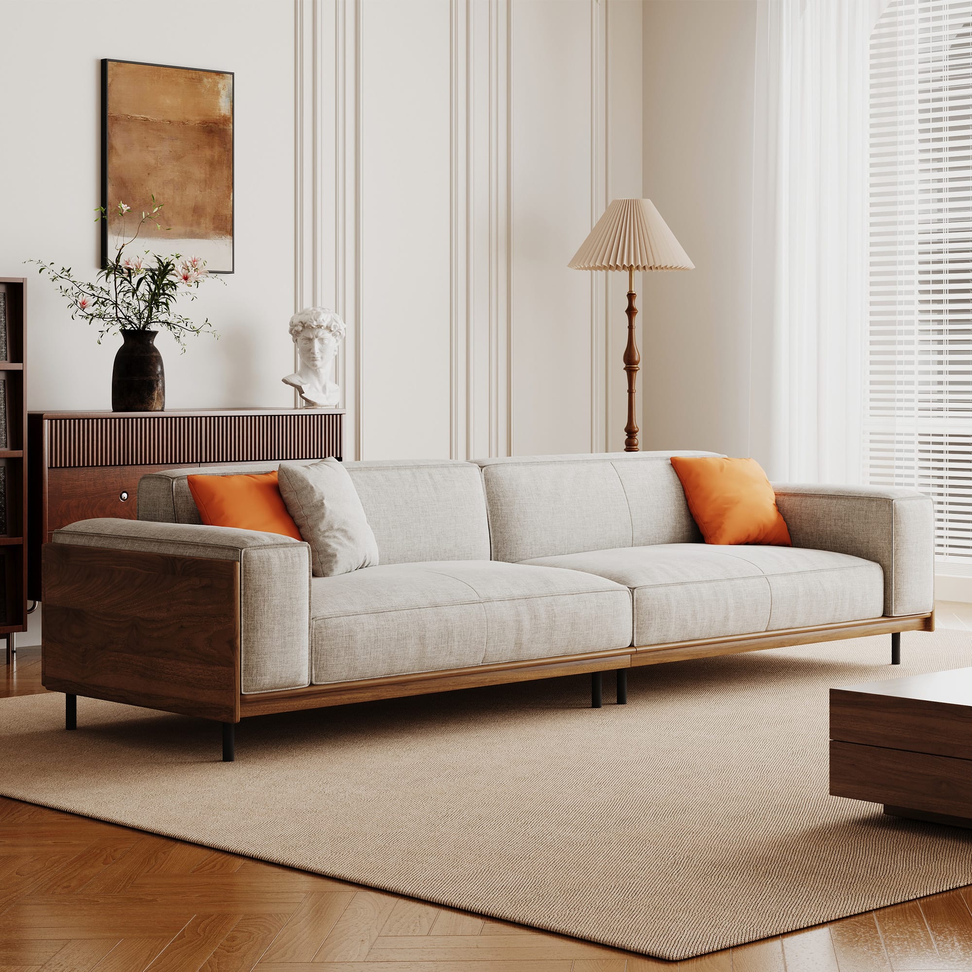 luck idea - 111.81" Cotton-Linen Sofa, High-End Vintage Sofa, Sturdy Frame, Comfortable Seating, Four-Seater - Gray