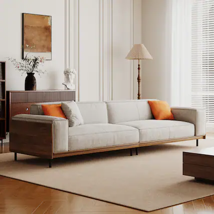 Front. luck idea - 111.81" Cotton-Linen Sofa, High-End Vintage Sofa, Sturdy Frame, Comfortable Seating, Four-Seater - Gray.