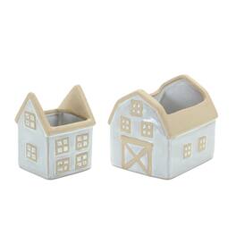 BreeBe - Neutral Porcelain House and Barn Planter (Set of 2) - Beige, White