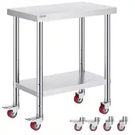 VEVOR - Stainless Steel Work Table 30 x 18 x 34 Inch, 700 LBS Load Capacity with 4 Wheels - Silver
