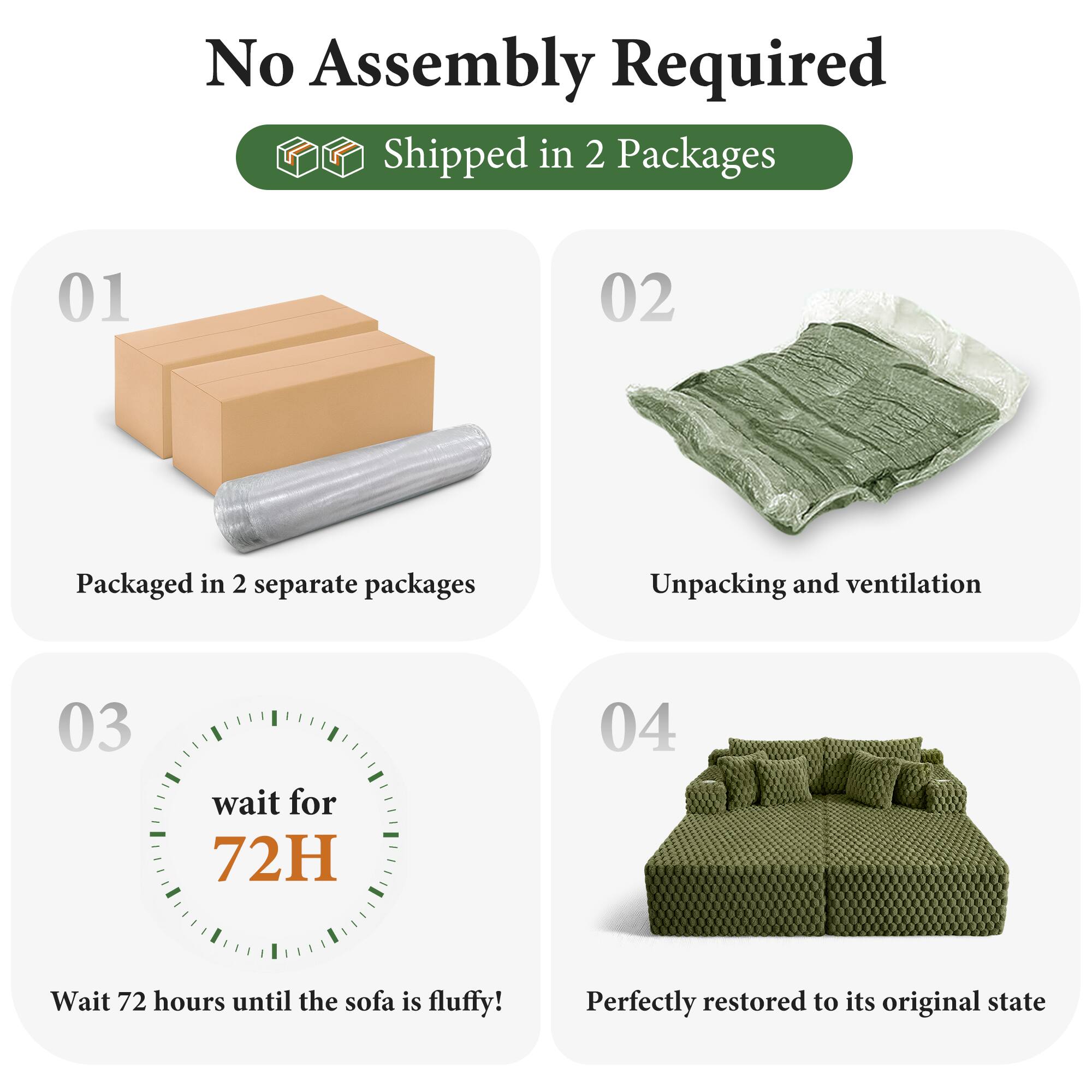 No Assembly Required  
Shipped in 2 Packages  

01  
Packaged in 2 separate packages  

02  
Unpacking and ventilation  

03  
Wait 72 hours until the sofa is fluffy!  

04  
Perfectly restored to its original state