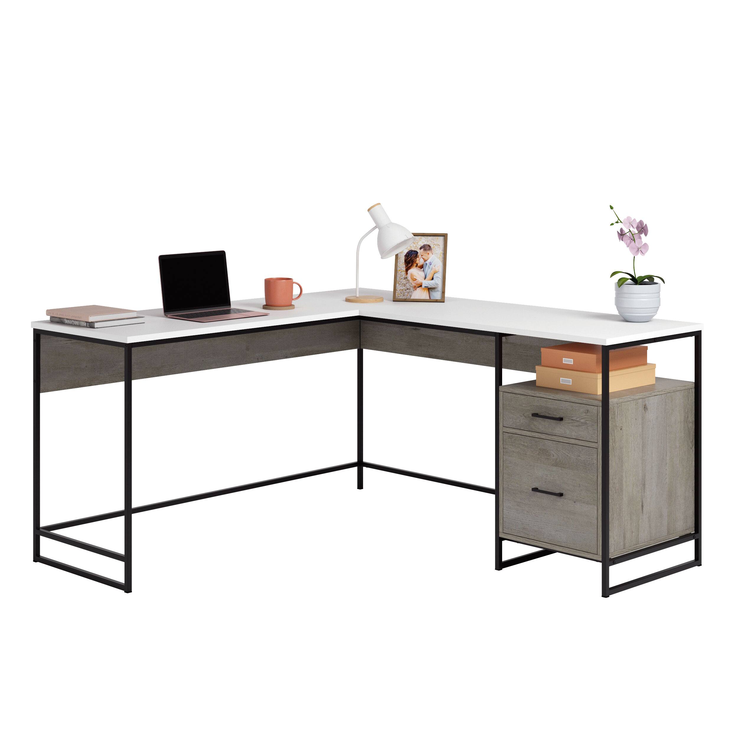 Front. Glintex - L-Shaped Desk – Spacious Desktop with Drawer & File Storage, Space-Saving Workstation for Home Office or Students - Brown.