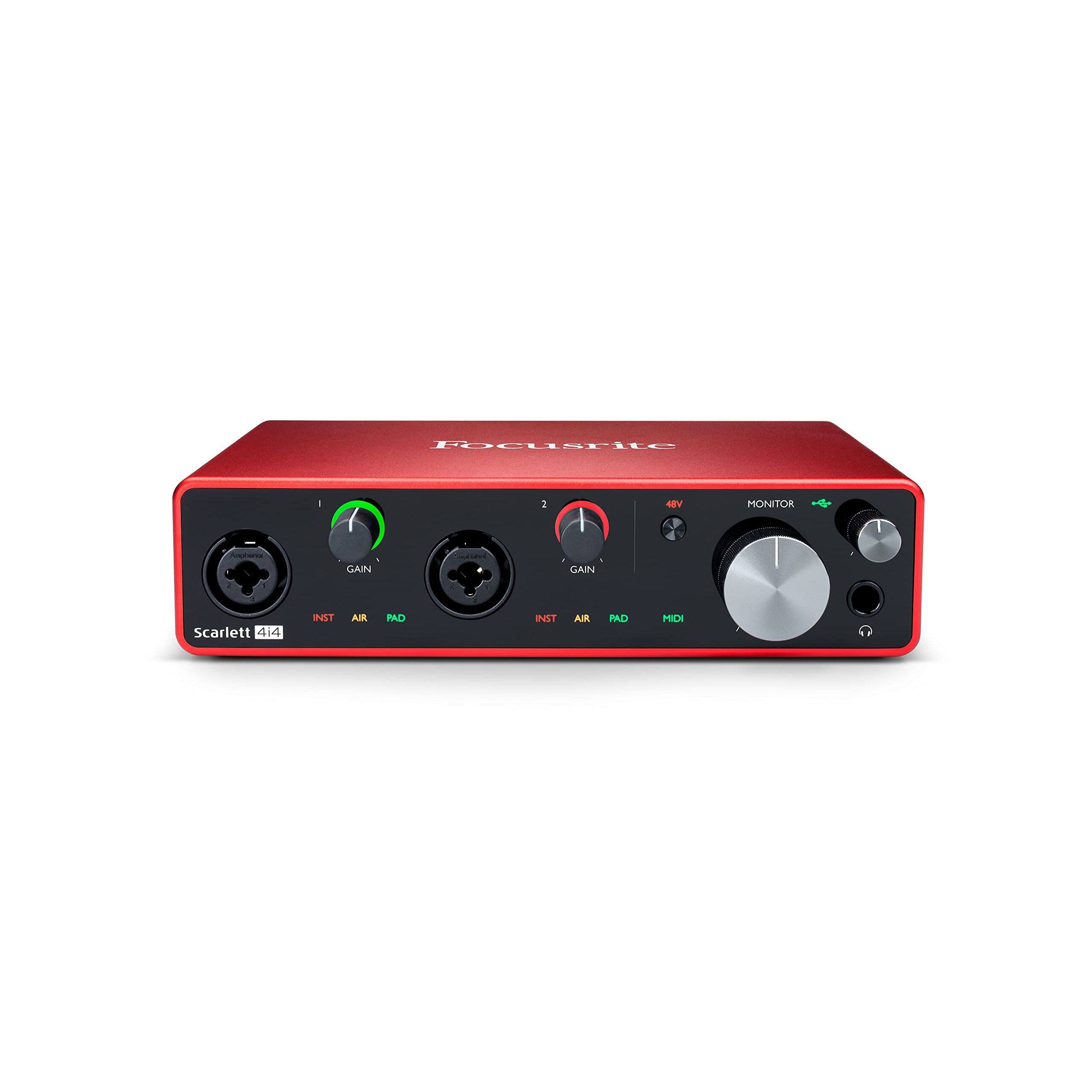 Focusrite Scarlett 4i4

- MONITOR GAIN
- GAIN
- INST AIR PAD
- AIR PAD
- MIDI
