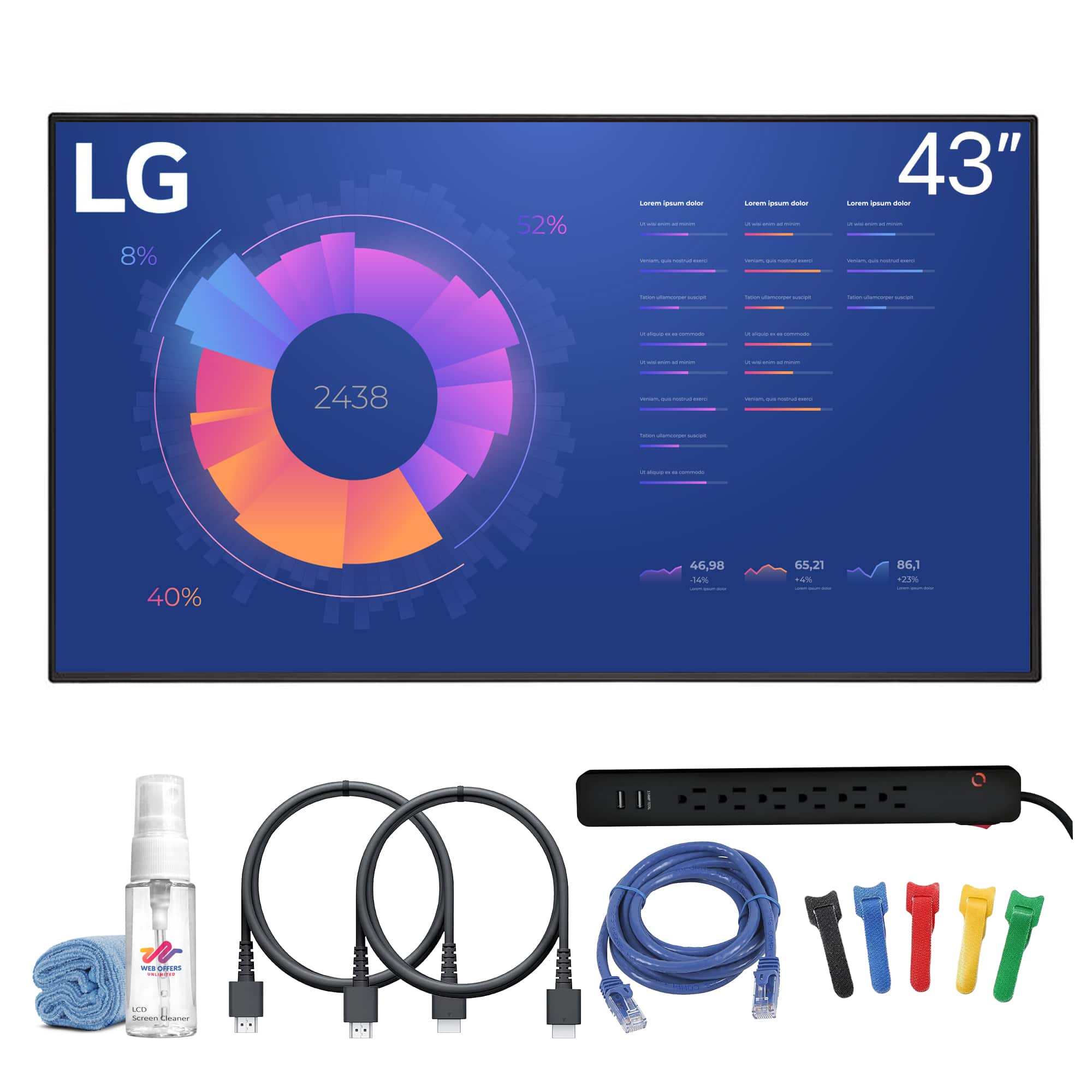 LG - UM5N-E Series 43" UHD 4K Commercial Monitor + 2x HDMI Cable + Cable Ties + More