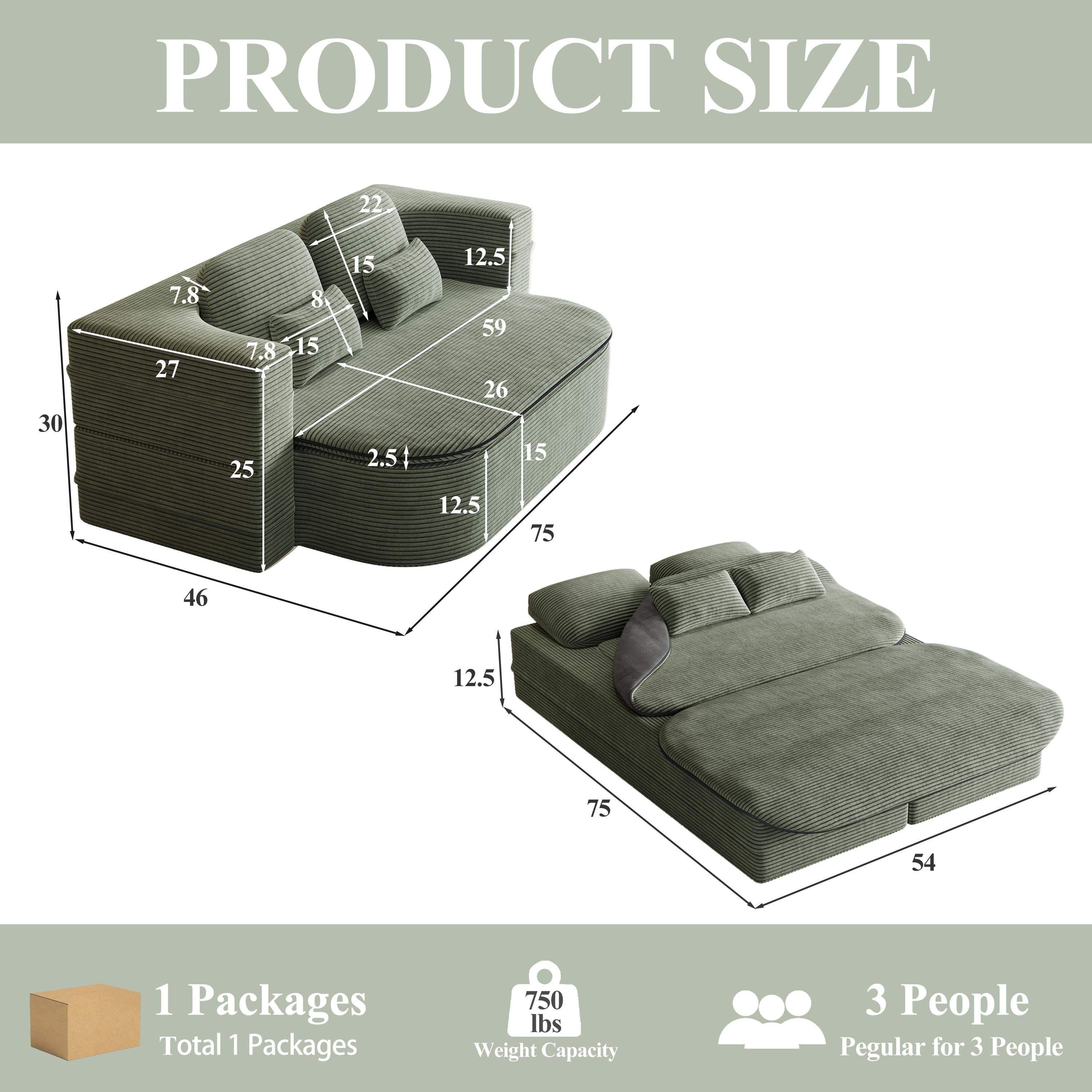 Roomtec - 75.2 in 1 Foldable SofaConvertible Sleeper Foam Sofa Bed with Multi Functional Blanket Corduroy Floor folding sofa bed - Green