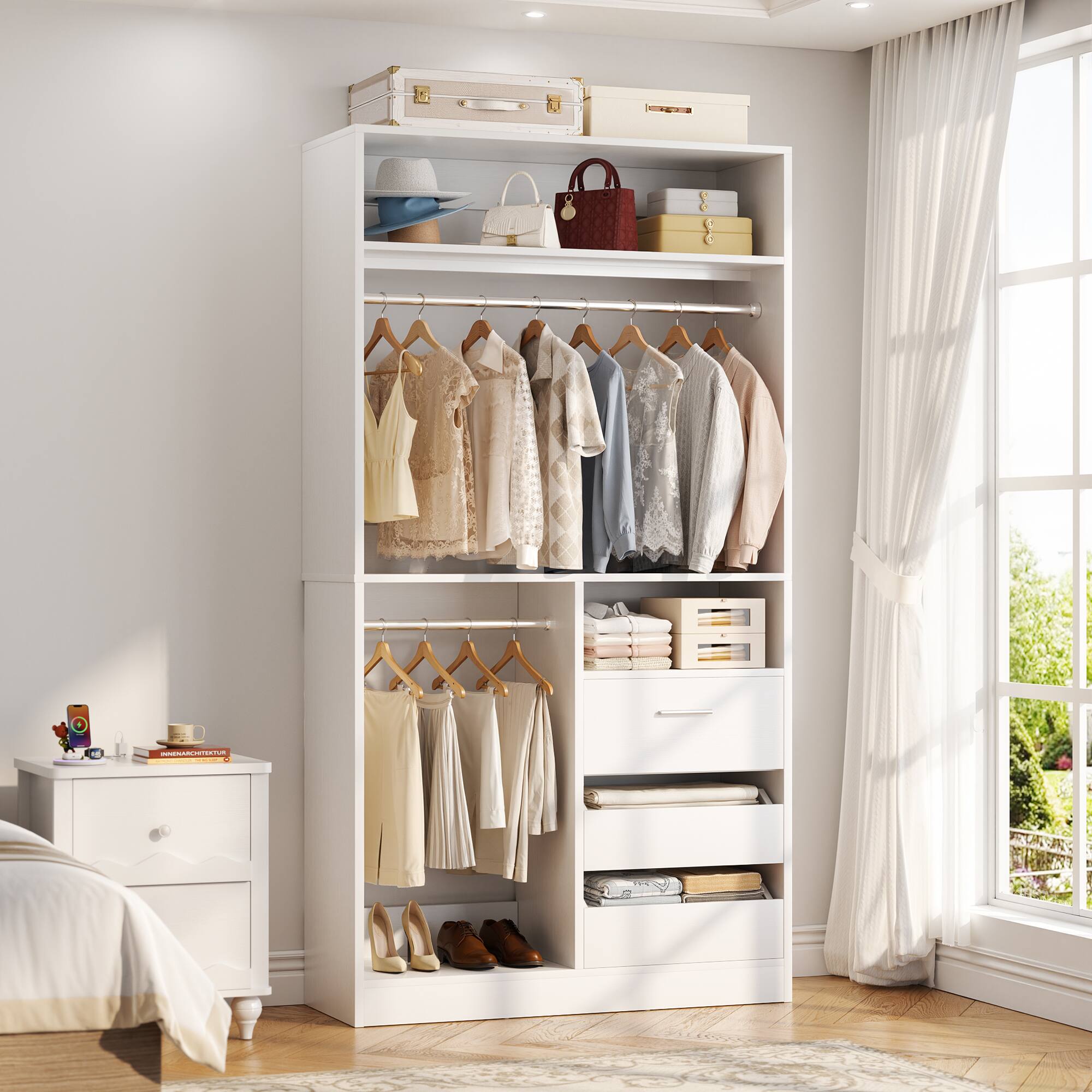 Angle. Aheaplus - 108"W x 16"D x 80"H 3-Piece Heavy Duty Closet Organizer System with Drawers & Rods - White.