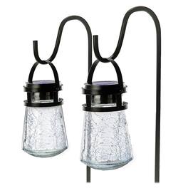 Home Zone Security - 10-Lumen Solar Crackle-Glass LED Lantern Path Lights, 2 Pack with Shepherd Hook - Black