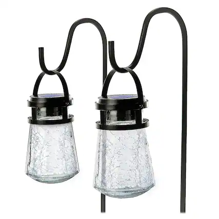 Front. Home Zone Security - 10-Lumen Solar Crackle-Glass LED Lantern Path Lights, 2 Pack with Shepherd Hook - Black.