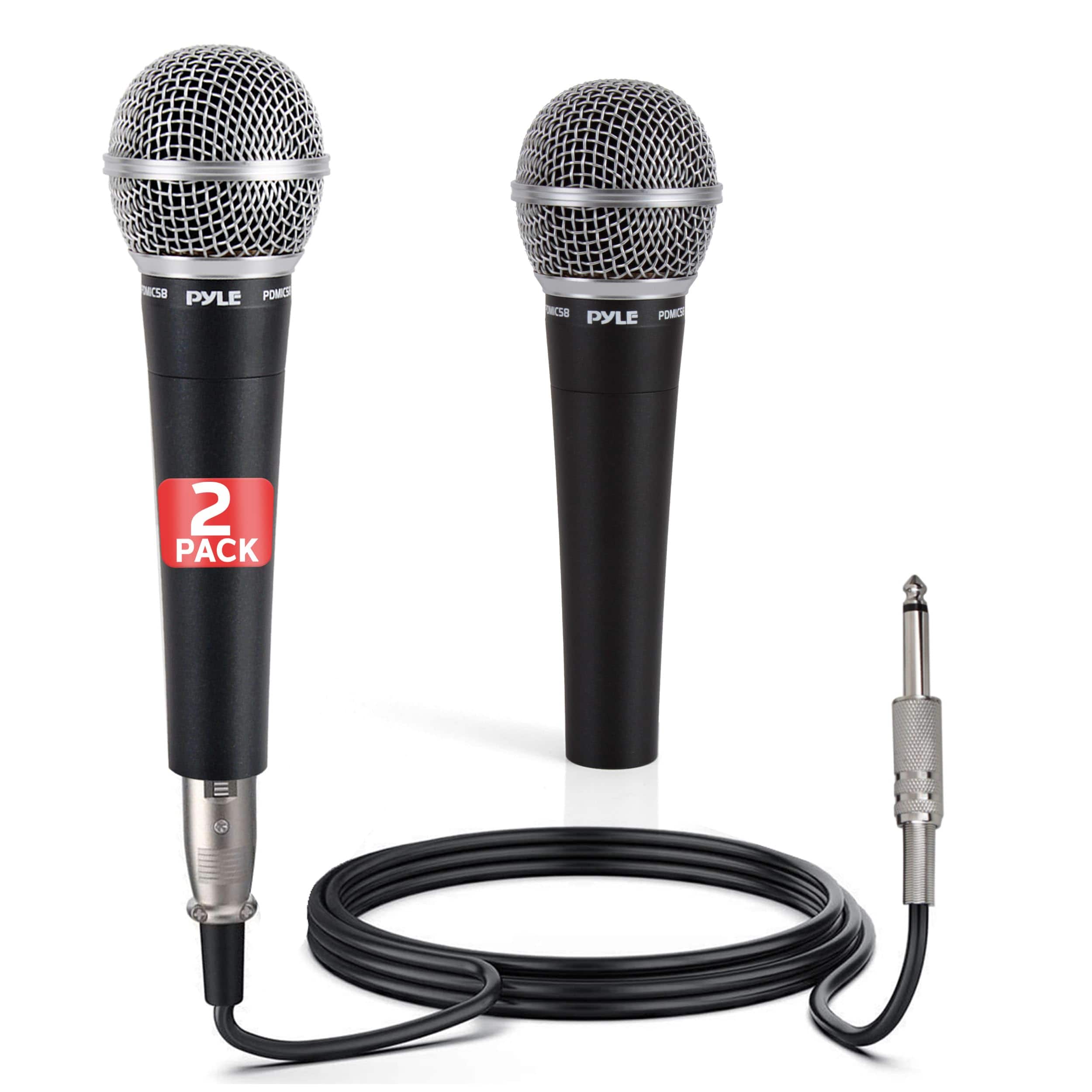 Pyle - PDMIC58X2 Professional Dynamic Microphone, 2-Pack Handheld Mic with Pop Filter, 15 ft XLR Audio Cable - Black