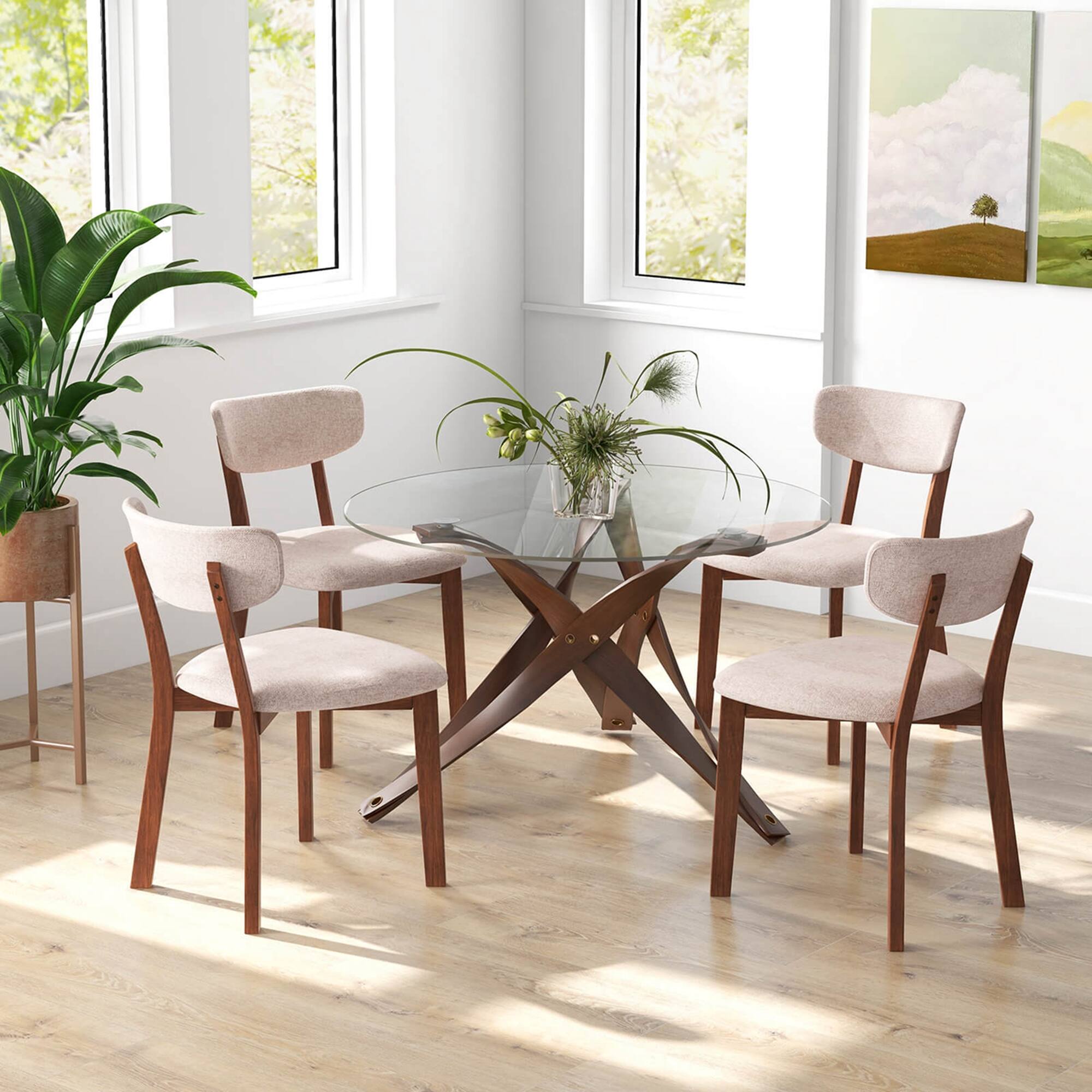 Alt View 3. Costway - Costway Upholstered Dining Chairs Set of 4 with Solid Rubber Wood Frame, Curved Backrest - Brown.