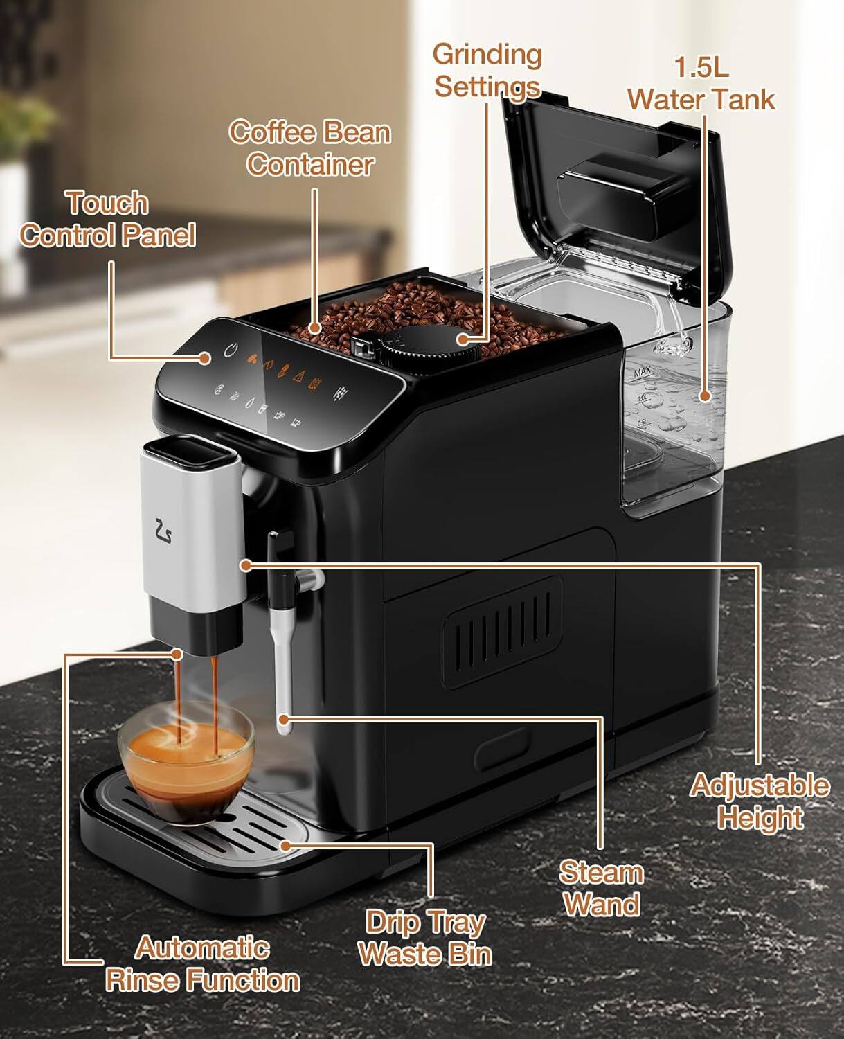 - Grinding Settings
- Coffee Bean Container
- Touch Control Panel
- 1.5L Water Tank
- Automatic Rinse Function
- Drip Tray
- Waste Bin
- Adjustable Height
- Steam Wand