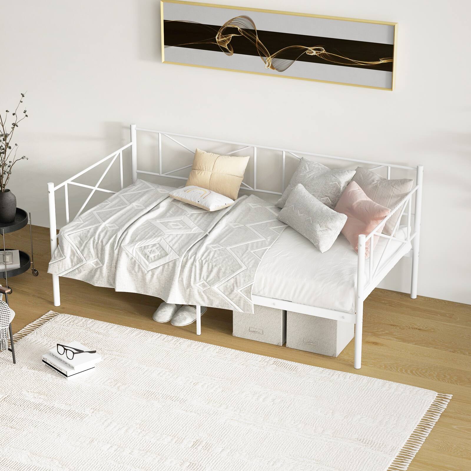 Alt View 1. Costway - Costway Twin Size Metal Daybed Frame Home Modern 2-in-1 Sofa Bed with Under-bed Storage & Railings - White.